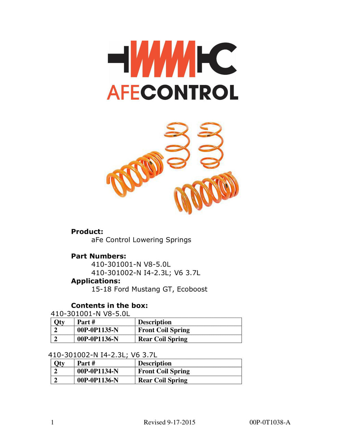 aFe Control Lowering Springs 2015 Ford Mustang GT