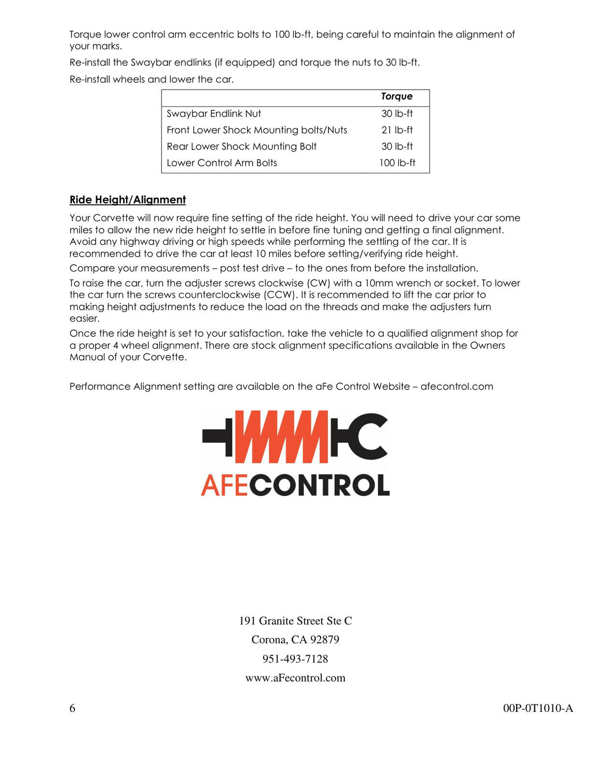 aFe Control PFADT Series Lowering Kit; Chevrolet Corvette (C6/C7) 05-15