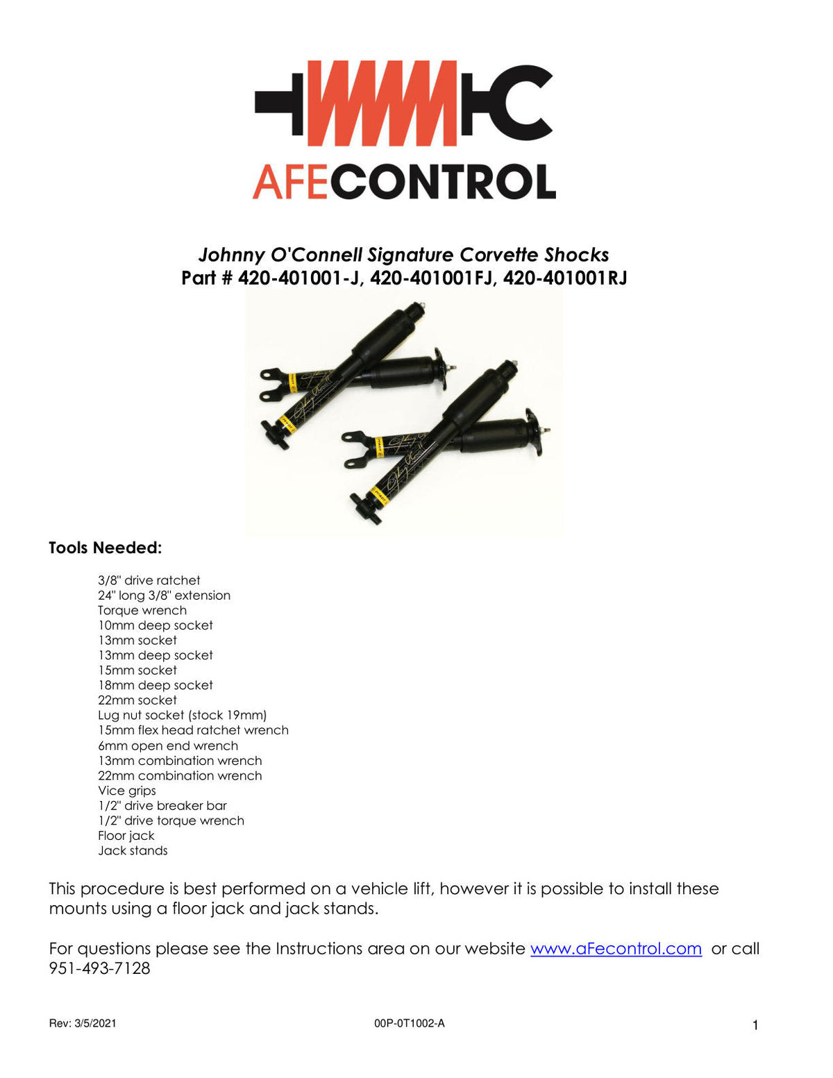 aFe Control Johnny OConnell Signature Series Shock Set; Chevrolet Corvette (C5/6) 97-13