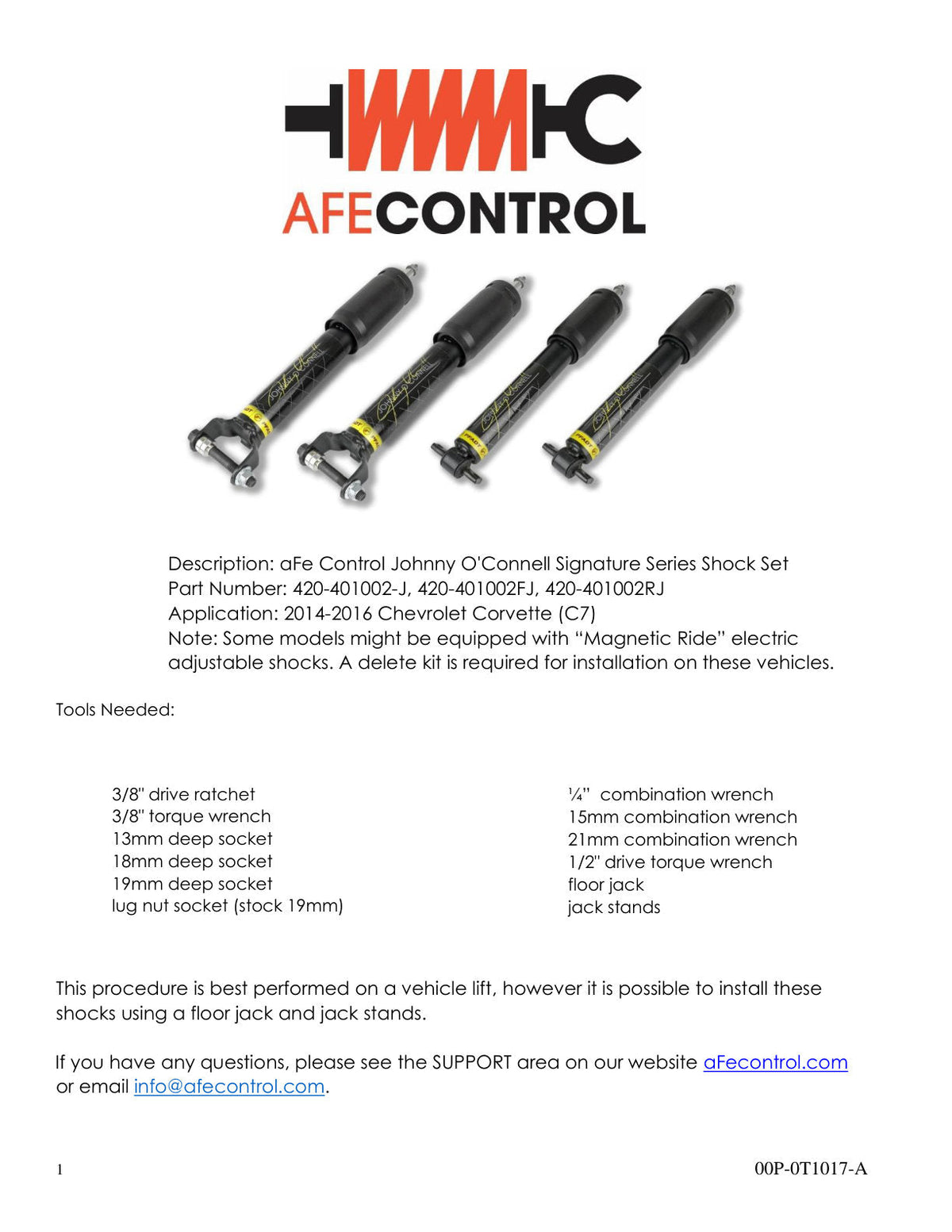 aFe Control Johnny OConnell Signature Series Shock Set; Chevrolet Corvette (C7) 14-15