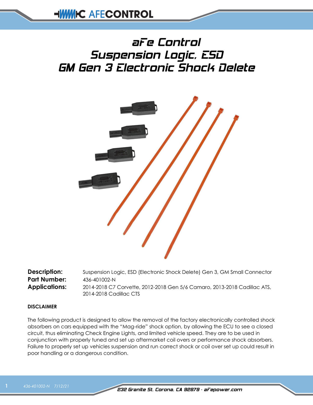 aFe Suspension Logic Electronic Shock Modules w/ Small Connector 14-19 Chevrolet Corvette (C7)