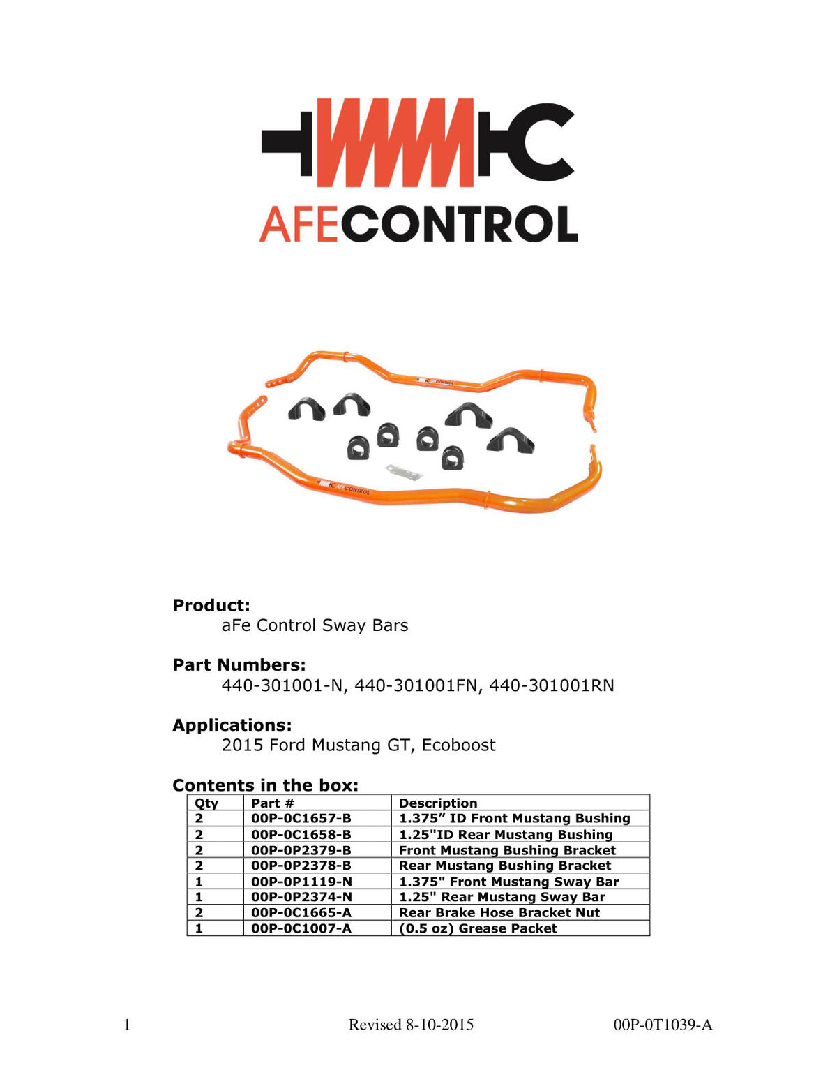 aFe Control Rear Sway Bar 2015 Ford Mustang (S550)