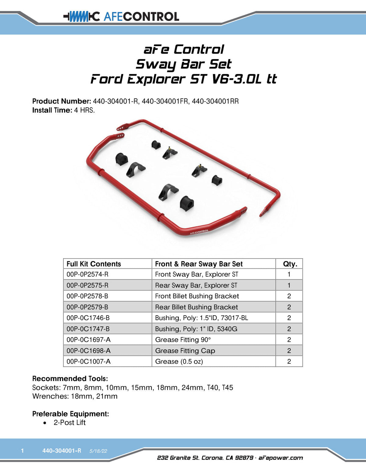 aFe Control 20-22 Ford Explorer ST 3.0L V6 (tt) Sway Bar - Front Bar