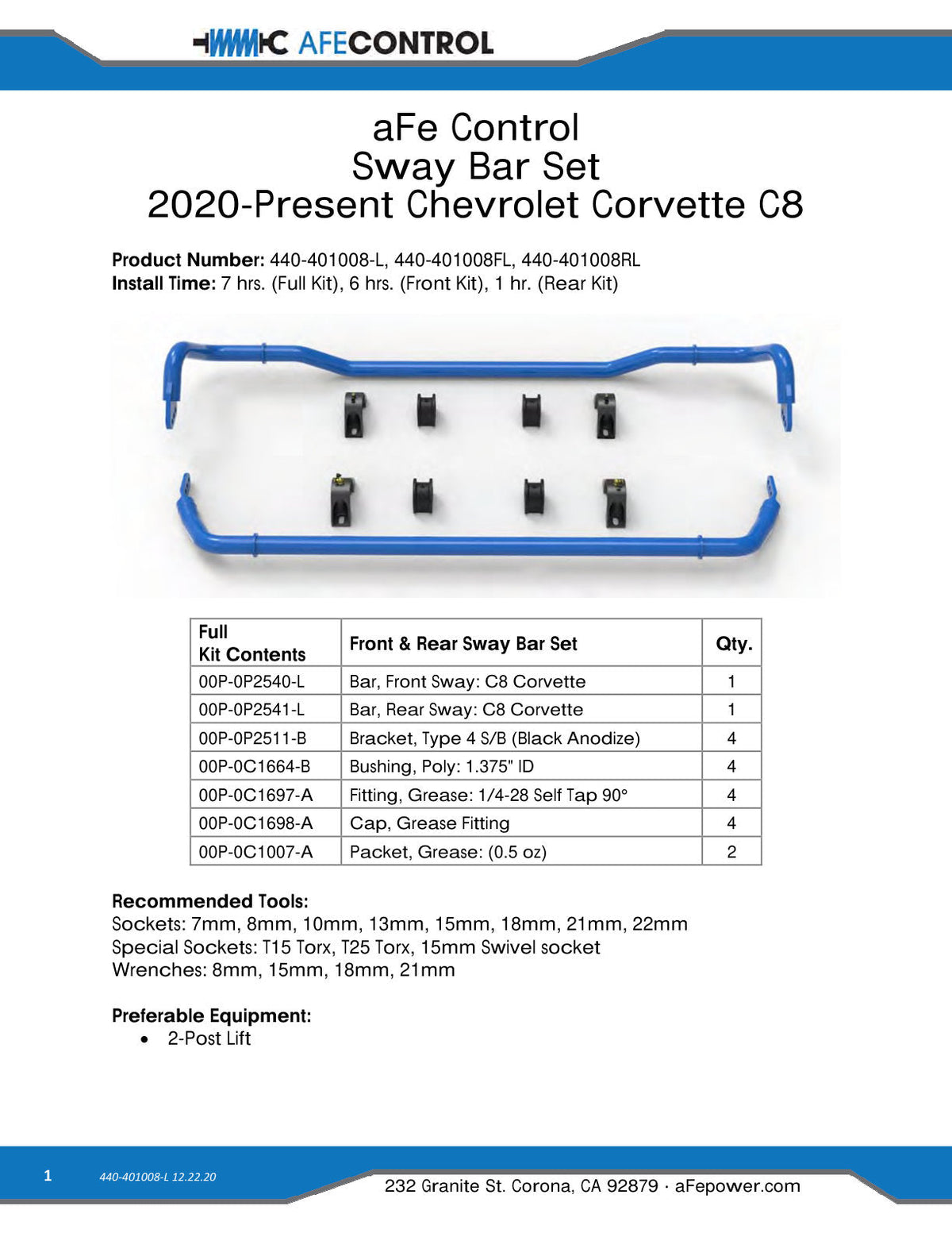 aFe 2020 Chevrolet Corvette C8 Control 3-Way Adjustable Front Sway Bar