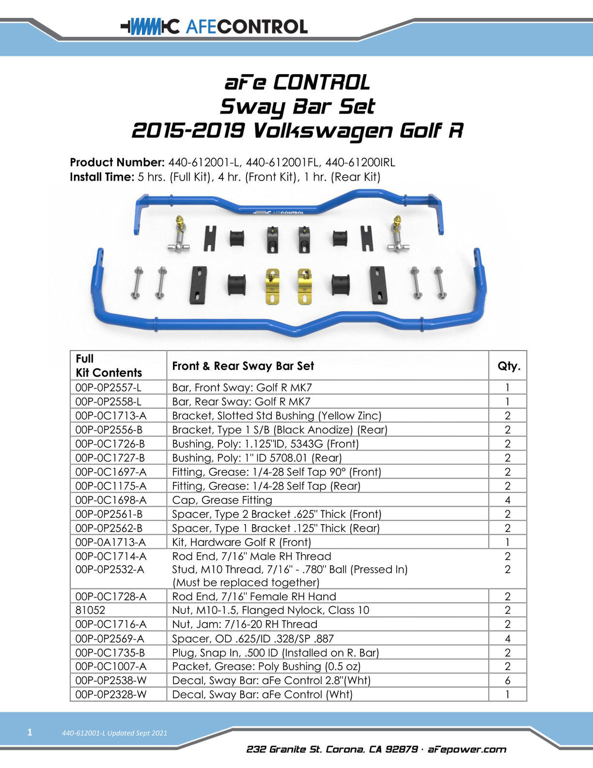aFe 15-19 Volkswagen Golf R (MK7) L4-2.0L (t) CONTROL Series Front Sway Bar - Blue