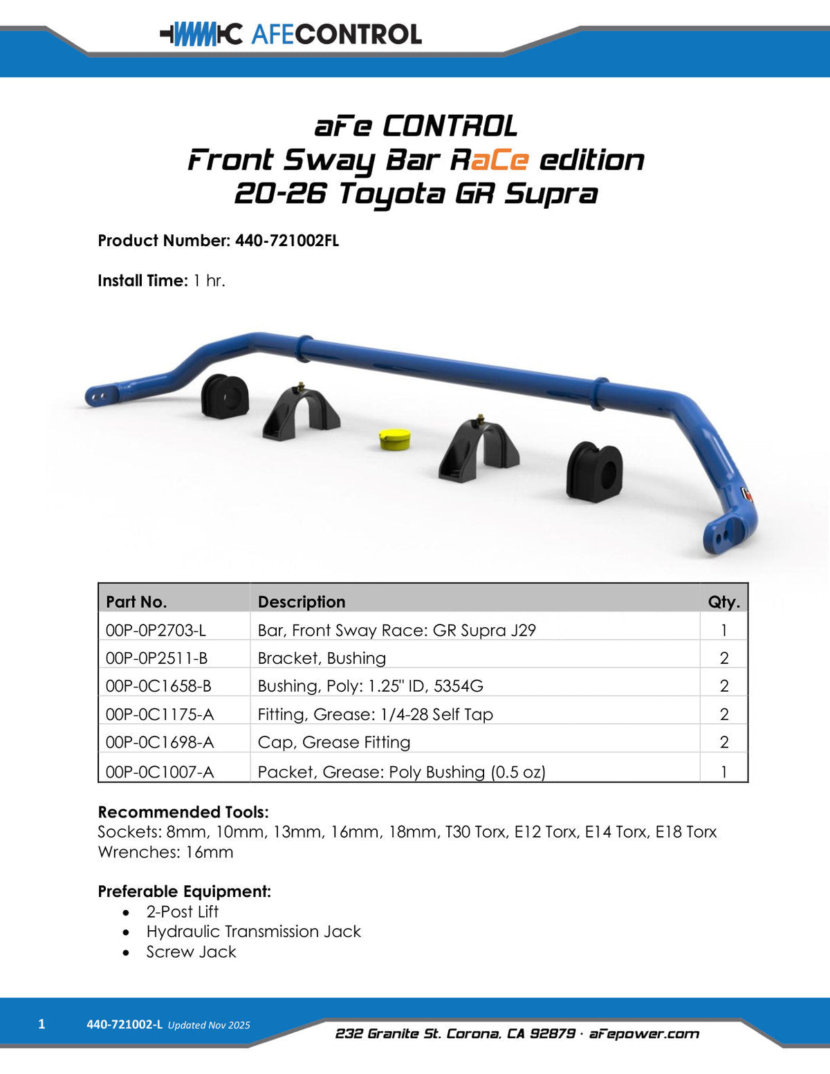 aFe POWER 20-26 Toyota GR Supra A90 Front Sway Bar - Race Edition Blue
