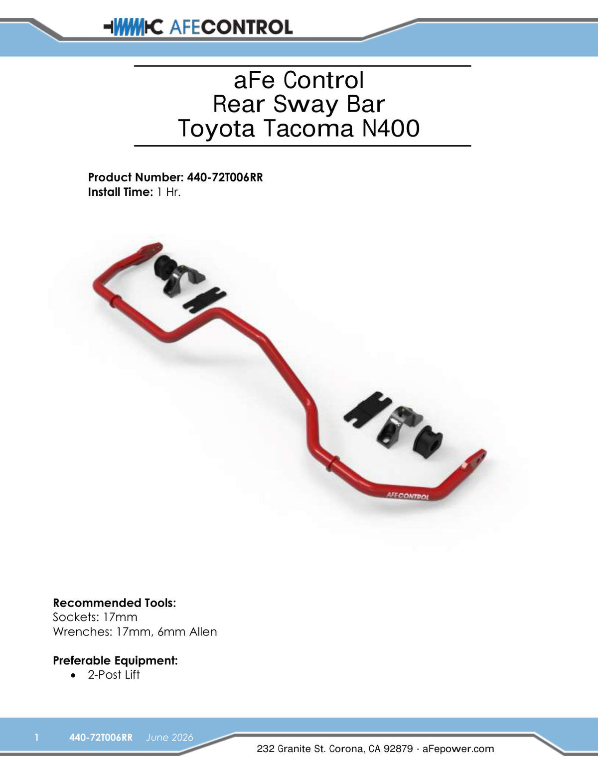 aFe CONTROL 24-26 Toyota Tacoma 2-Way Adjustable Rear Sway Bar