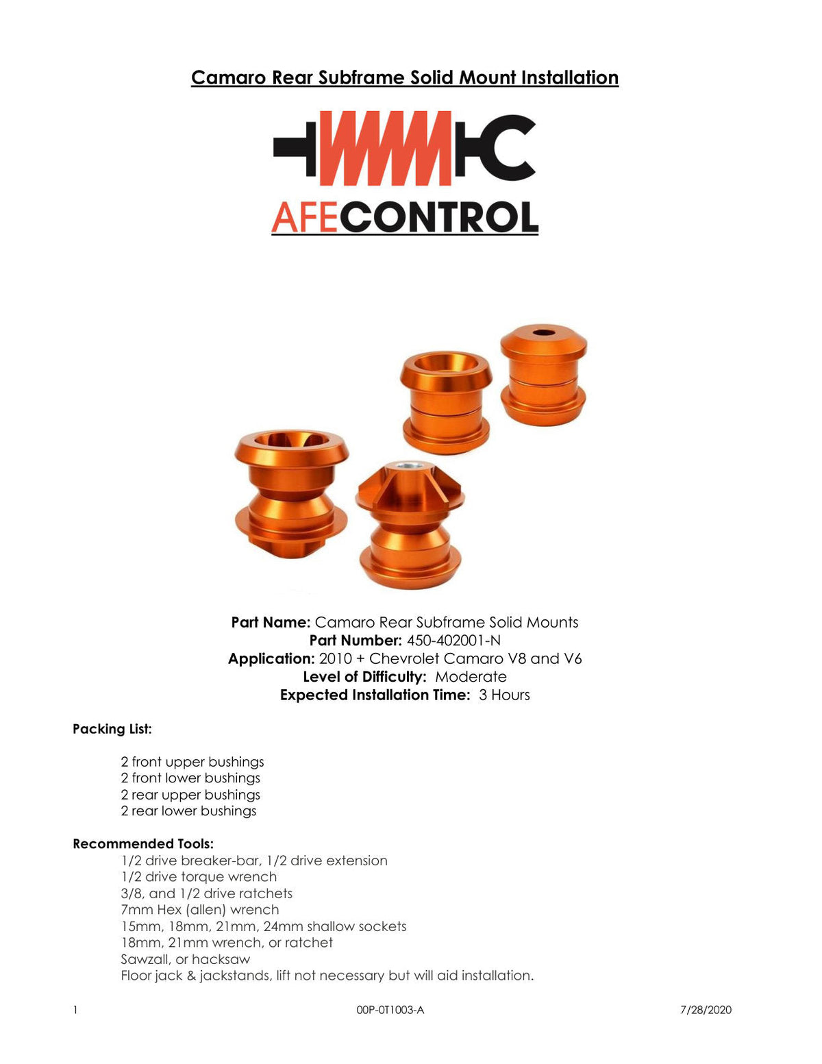 aFe Control PFADT Series Subframe Mount Set; Chevrolet Camaro 10-14 - Orange