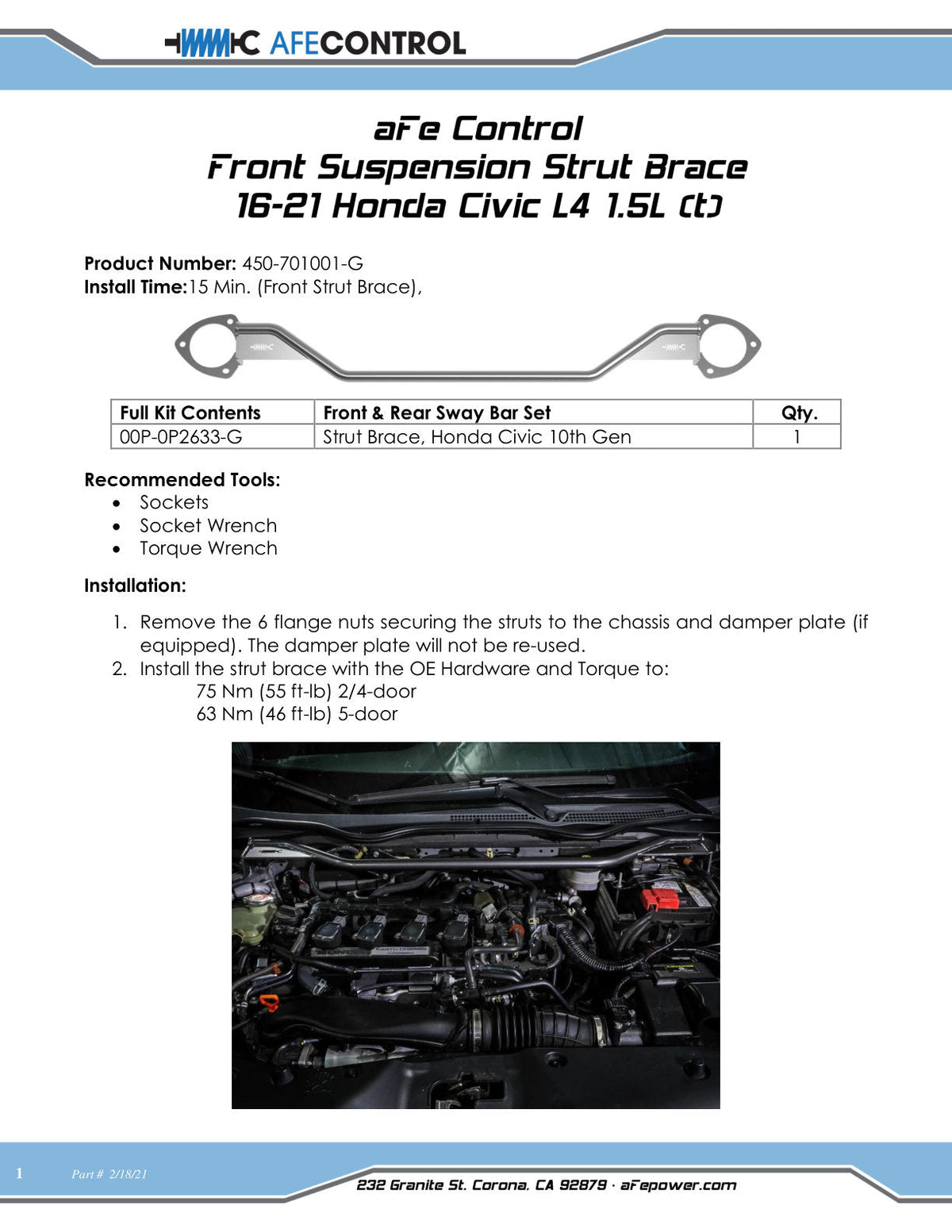 aFe Control 16-21 Honda Civic L4-1.5L (t) Front Suspension Strut Brace