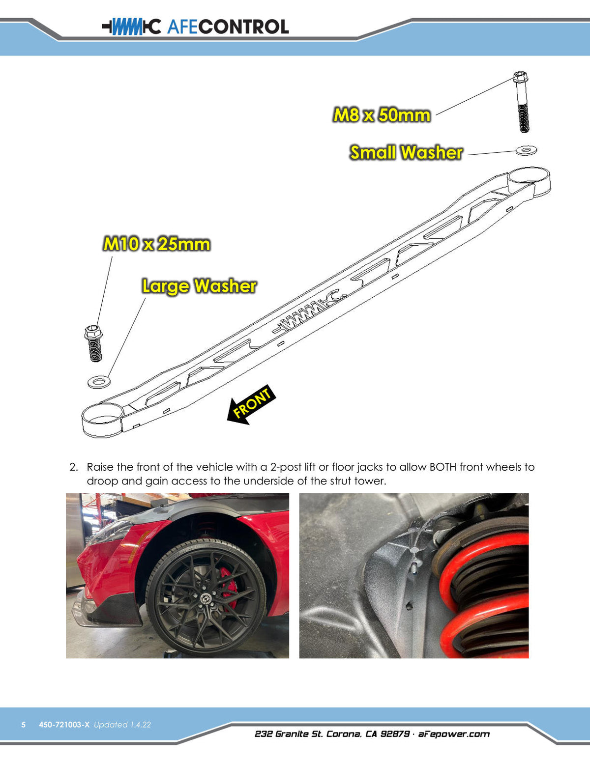 aFe CONTROL 304 Stainless Steel Front Suspension Strut Brace Black - Toyota GR Supra (A90) 20-21