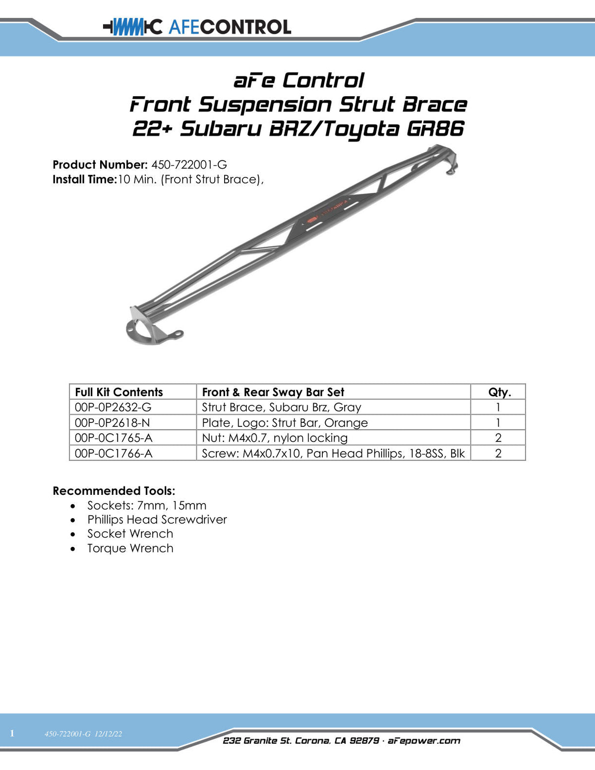 aFe CONTROL 22-23 BRZ/GR86 Front Suspension Strut Brace - Gray