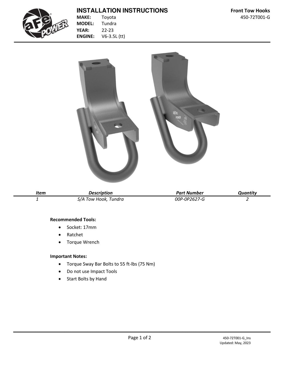 aFe Toyota Tundra 2022 V6-3.5L (tt) Front Tow Hook Gray
