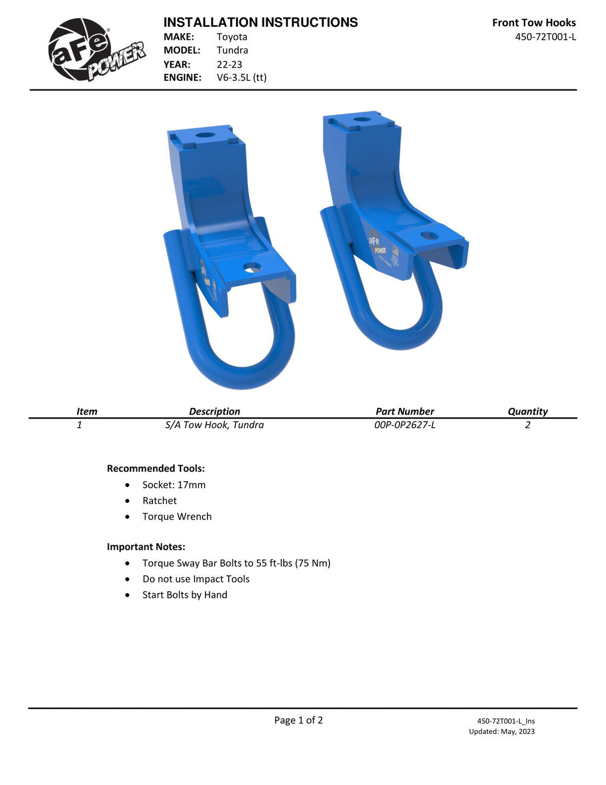 aFe Toyota Tundra 2022 V6-3.5L (tt) Front Tow Hook Blue