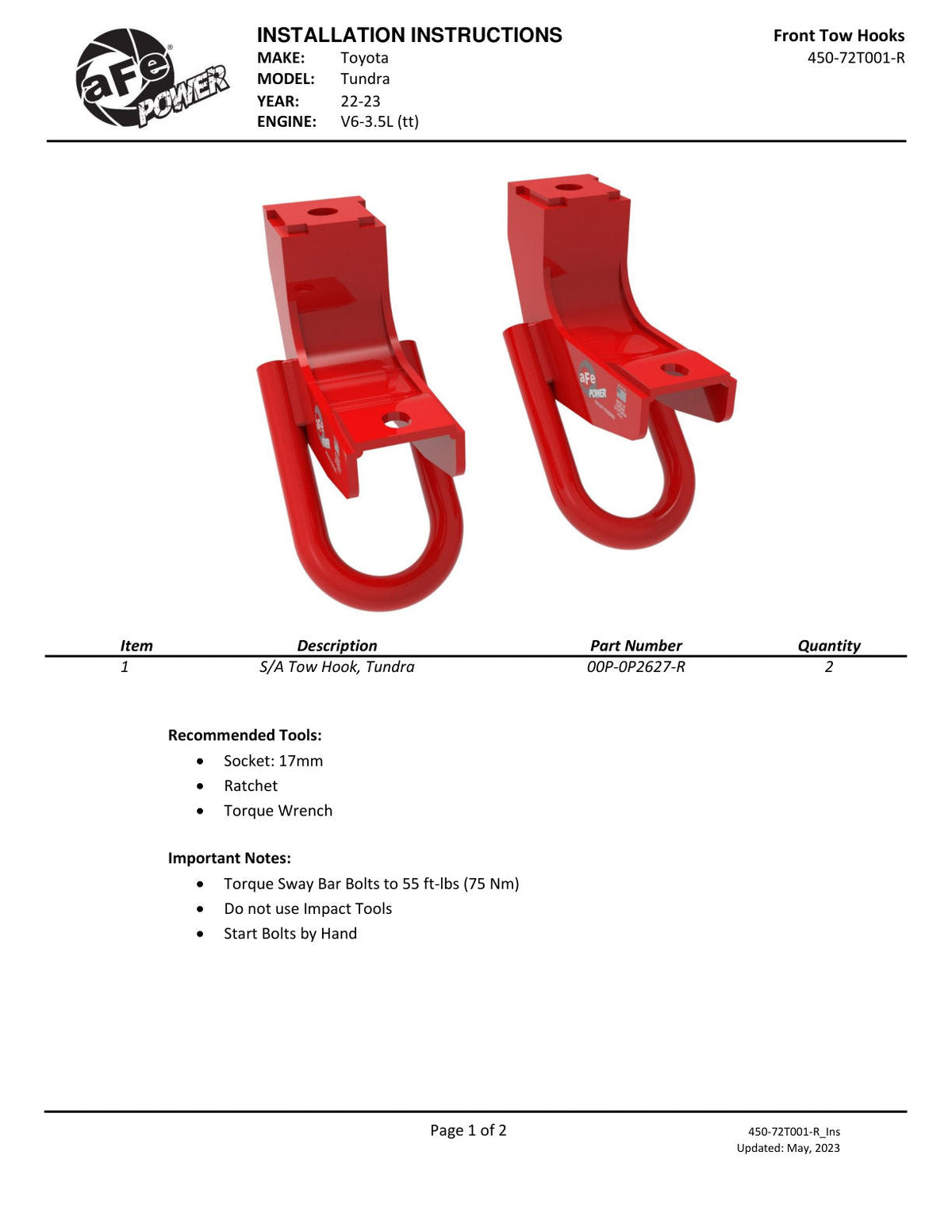 aFe Front Tow Hook Red 2022 Toyota Tundra 3.5L V6