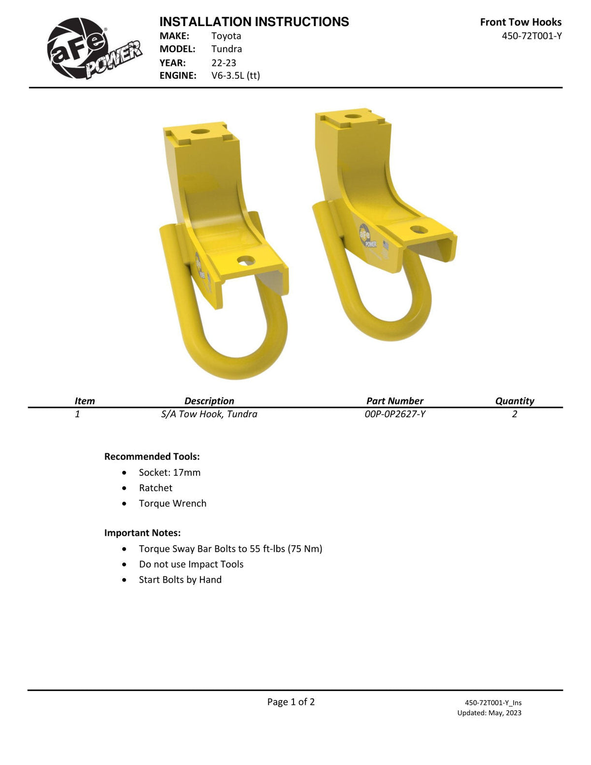 aFe Toyota Tundra 2022 V6-3.5L (tt) Front Tow Hook Yellow