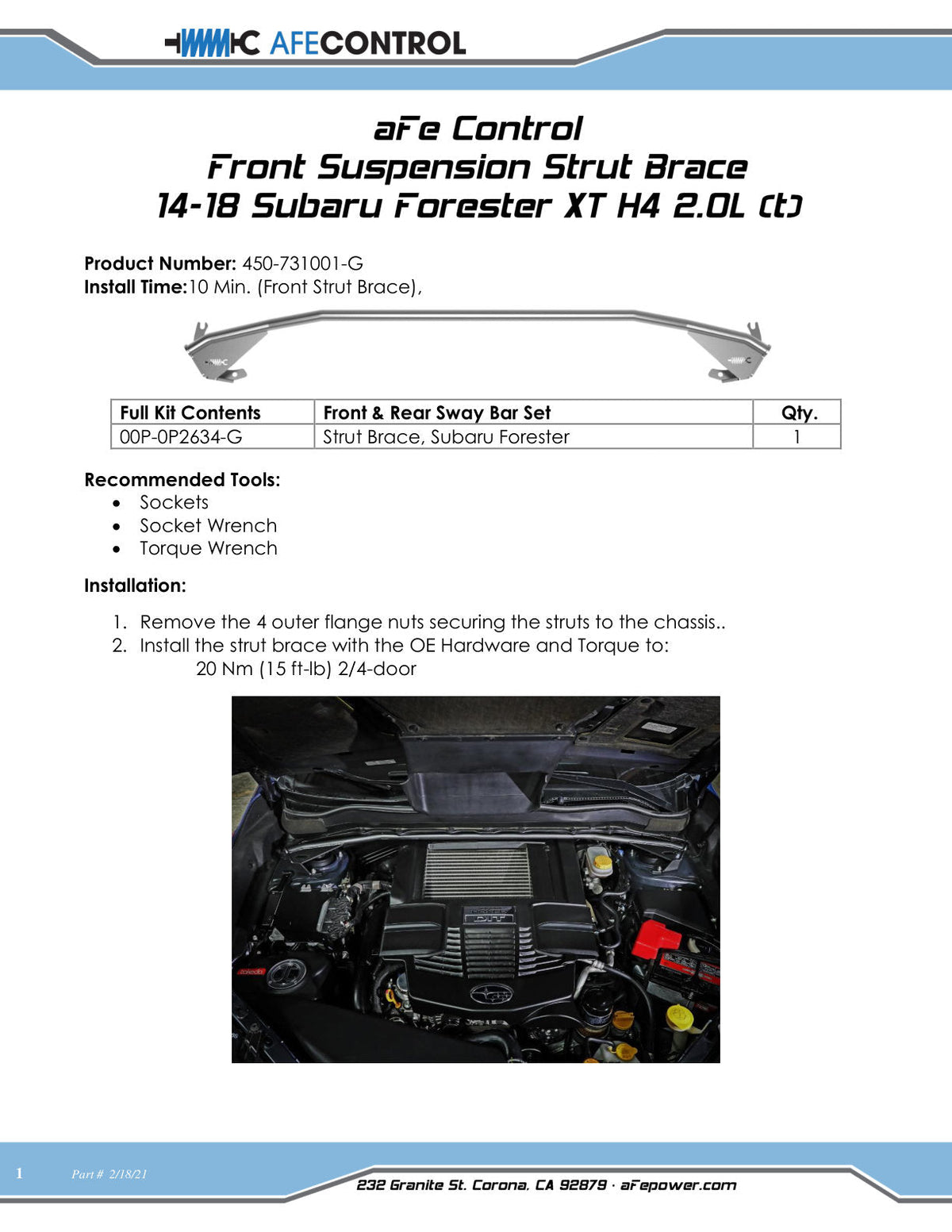 aFe Control 14-18 Subaru Forester Front Suspension Strut Brace Gunmetal Gray