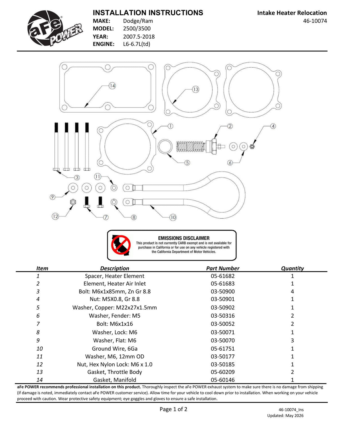 aFe BladeRunner Intake Heater Relocation Kit 07.5-18 RAM Diesel Trucks L6-6.7L (td)