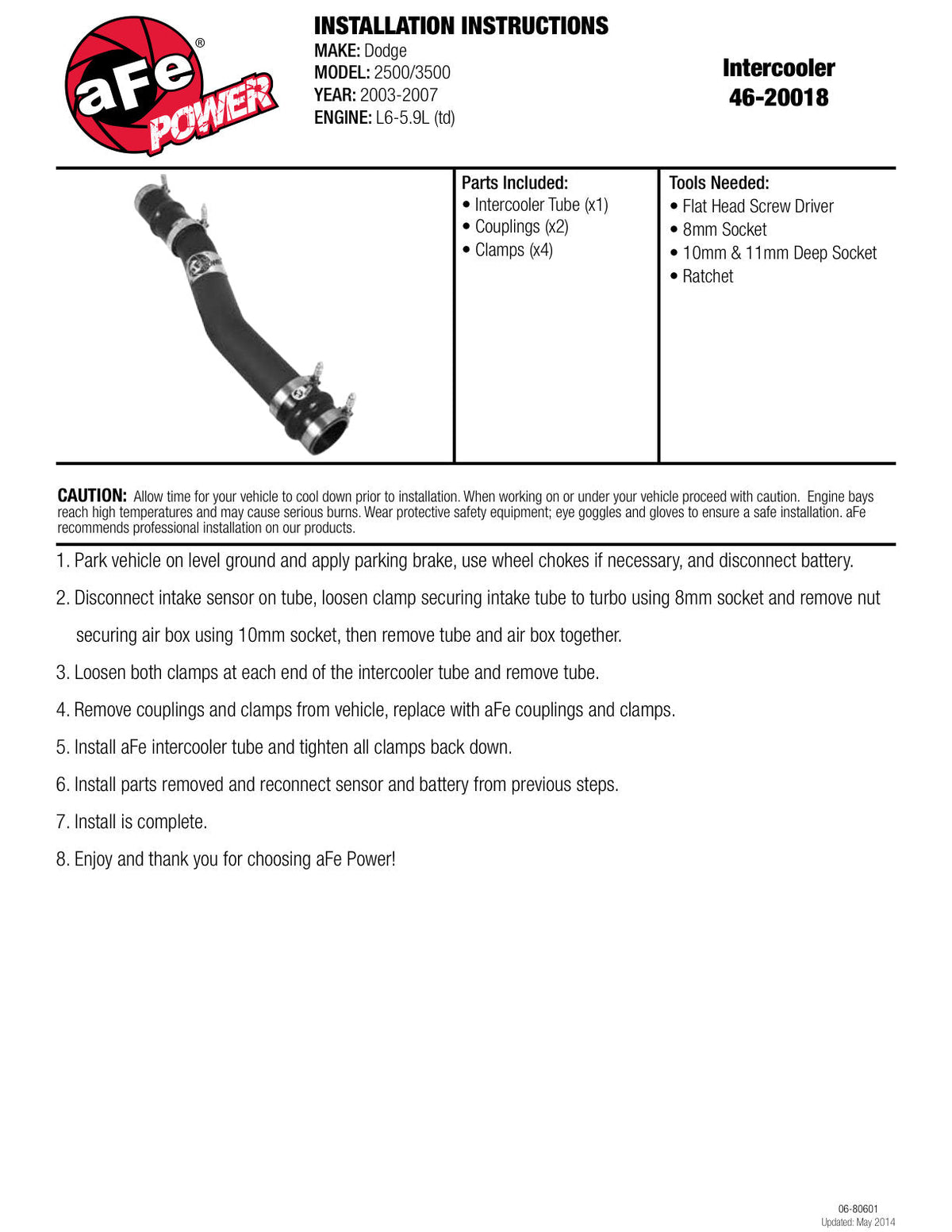 aFe Bladerunner 3in Intercooler Inlet Tube Upgrade Dodge Diesel Trucks 03-07 L6-5.9L (td)
