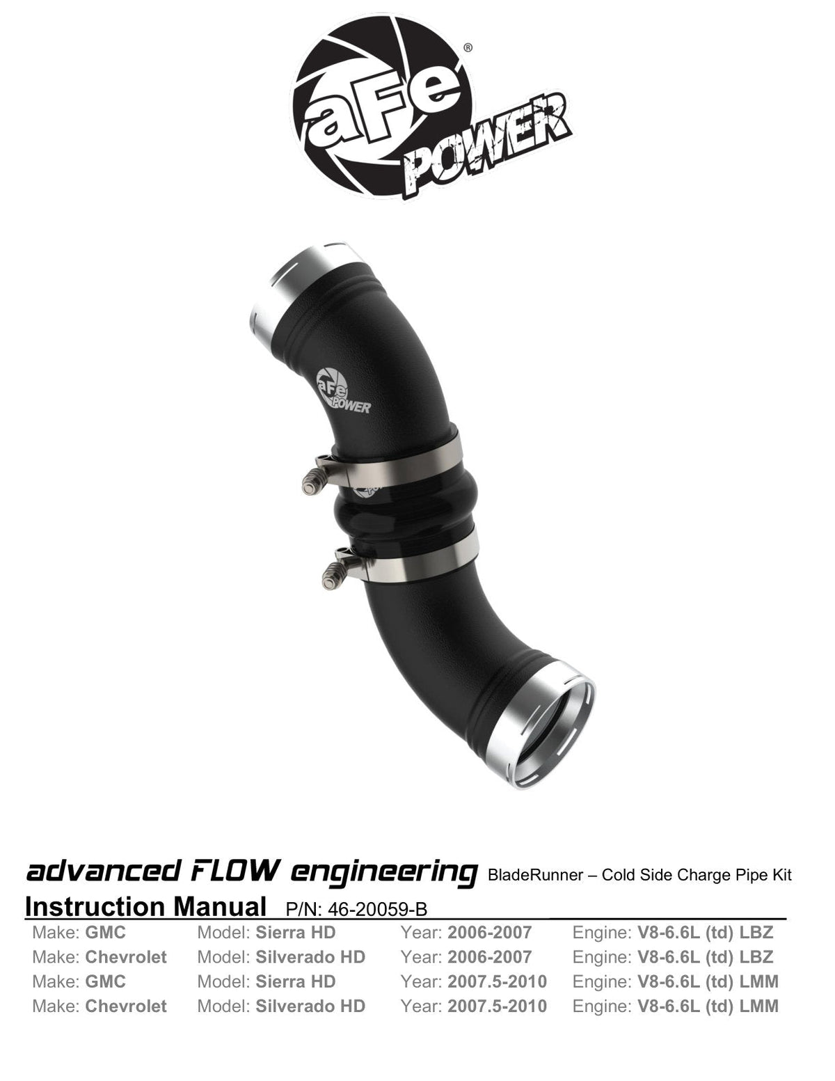 aFe BladeRunner Charge Pipe GM Diesel Trucks 06-10 V8-6.6L (td) LBZ/LMM