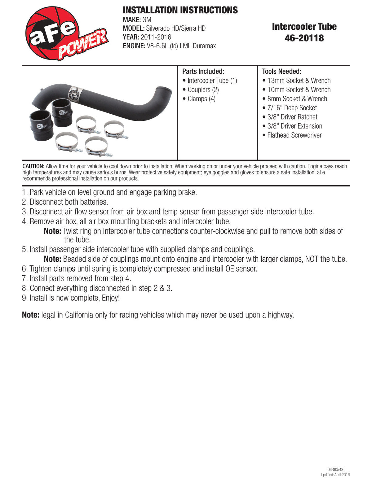 aFe Bladerunner 3in Intercooler Tube In 11-13 GM Diesel Trucks V8 6.6L (td) LML
