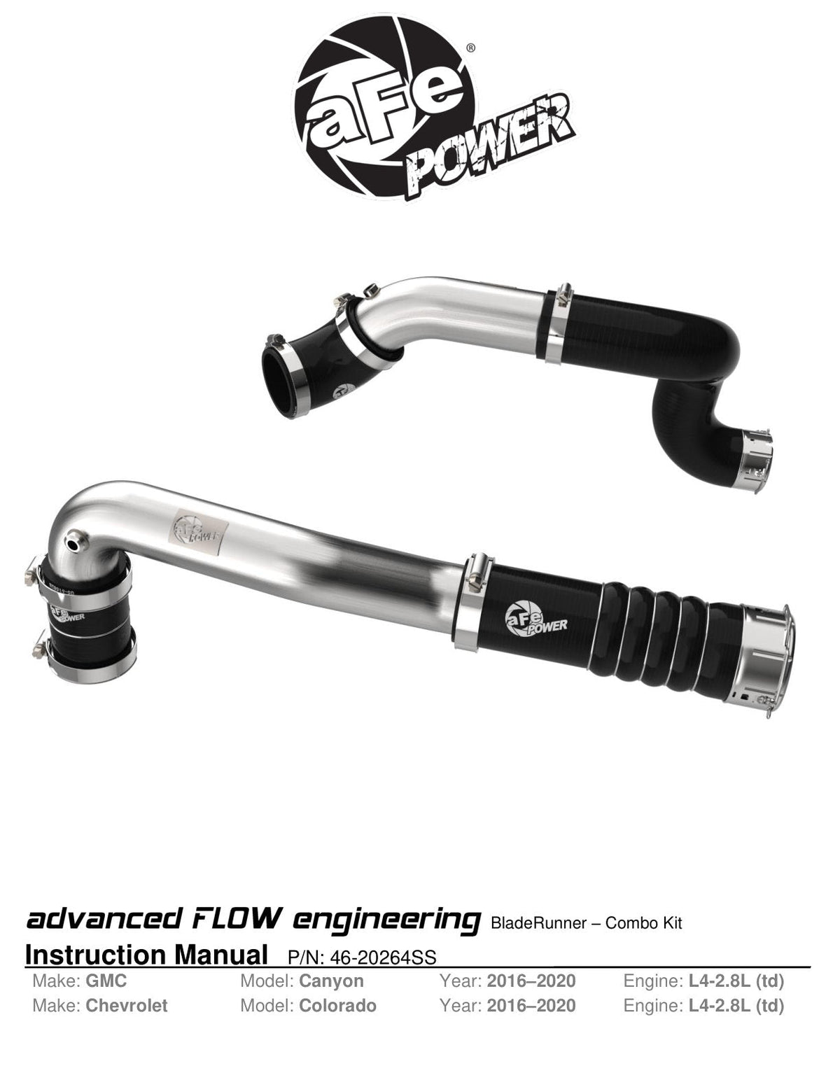 aFe 16-20 GM Colorado/Canyon L4-2.8L (td) BladeRunner 2in & 2.5in SS Hot & Cold Charge Pipe Kit