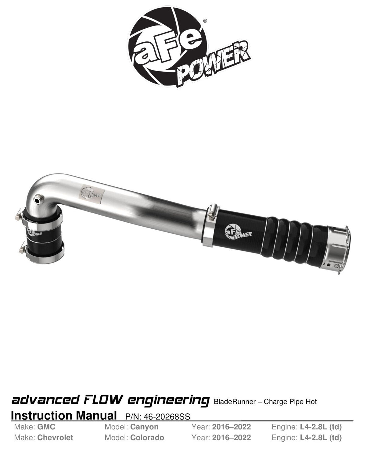 aFe 16-20 GM Colorado/Canyon L4-2.8L (td) BladeRunner 2in Stainless Steel Hot Charge Pipe