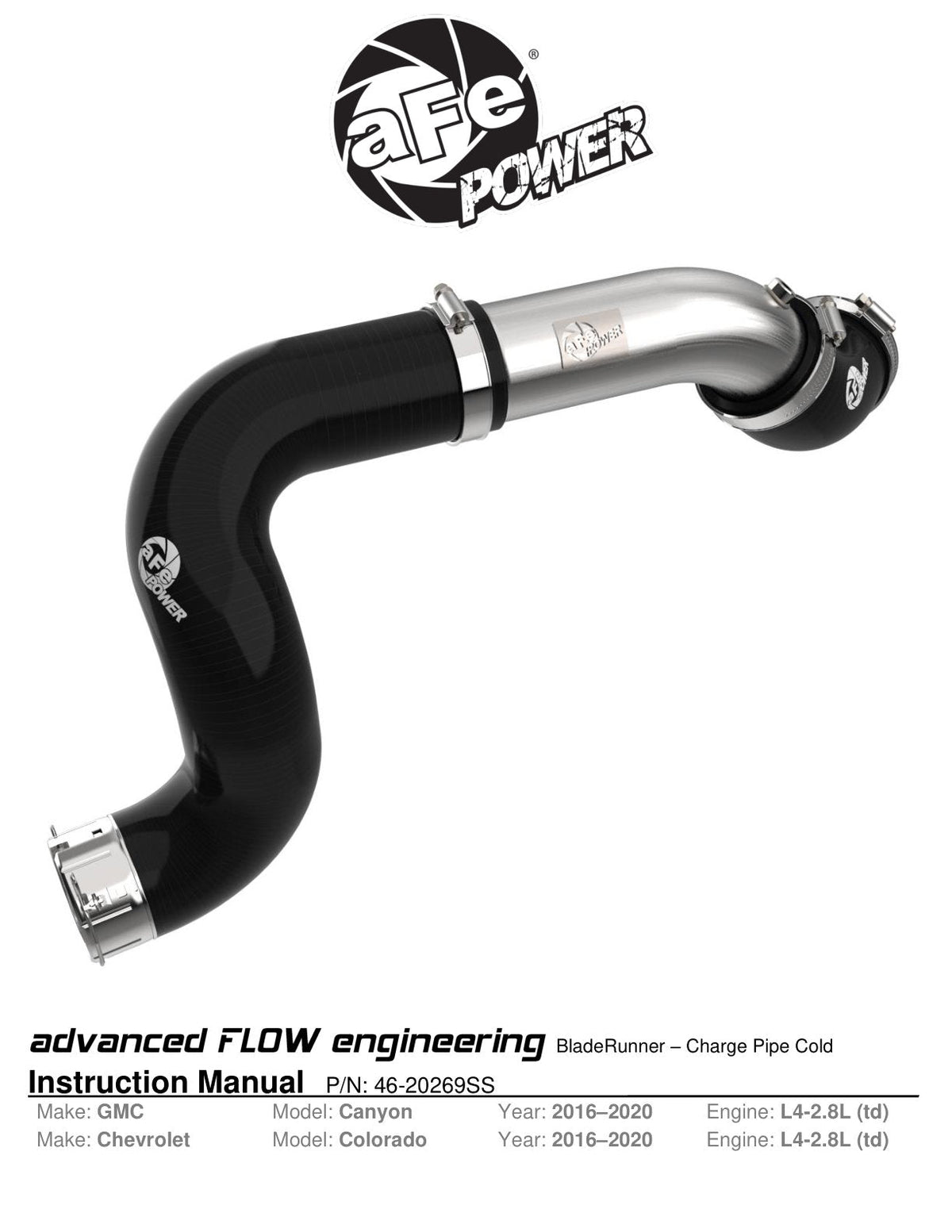 aFe 16-20 GM Colorado/Canyon L4-2.8L (td) BladeRunner 2.5in Stainless Steel Cold Charge Pipe