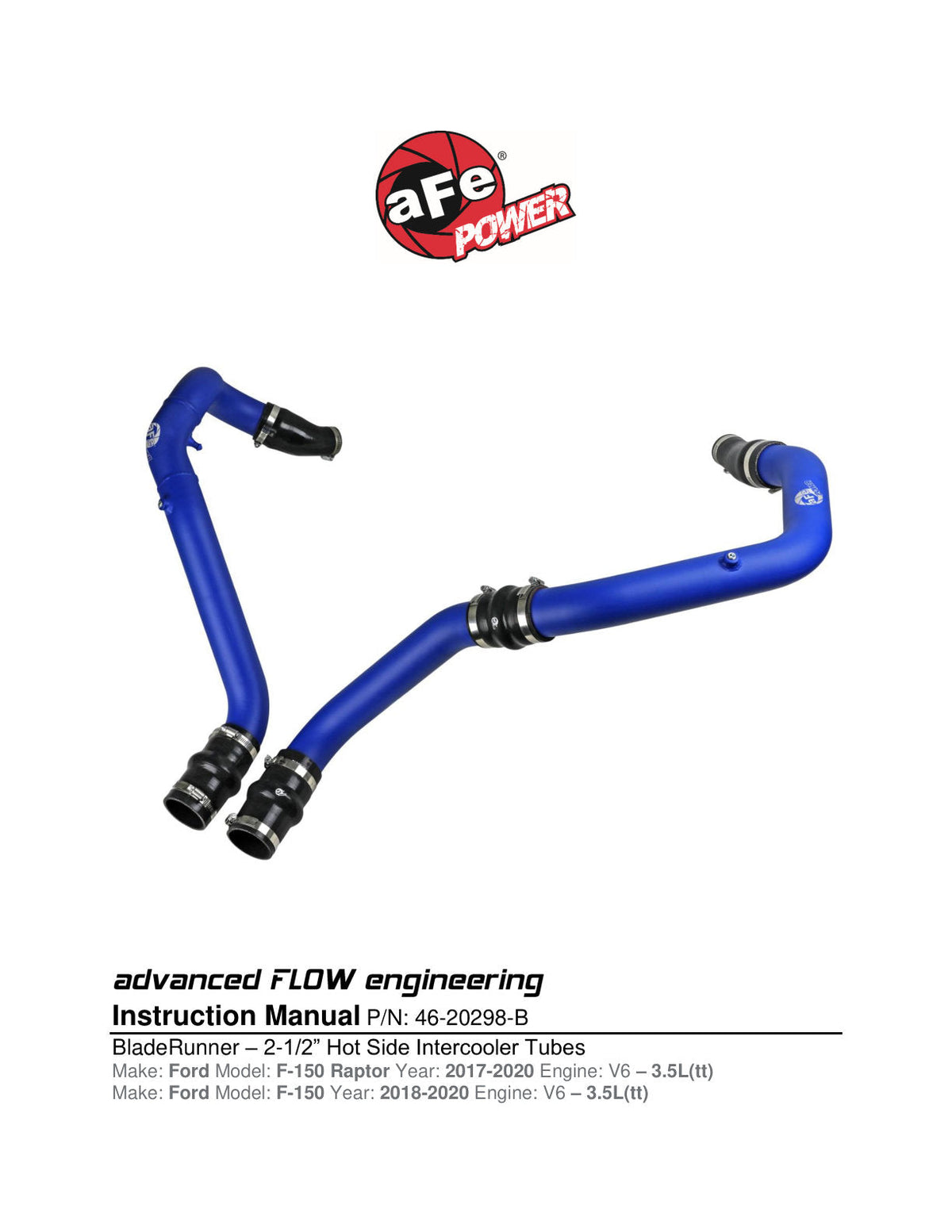 aFe Bladerunner Intercooler Tubes Hot Side 2.5in 17-20 Ford F-150 Raptor V6 3.5L(tt)