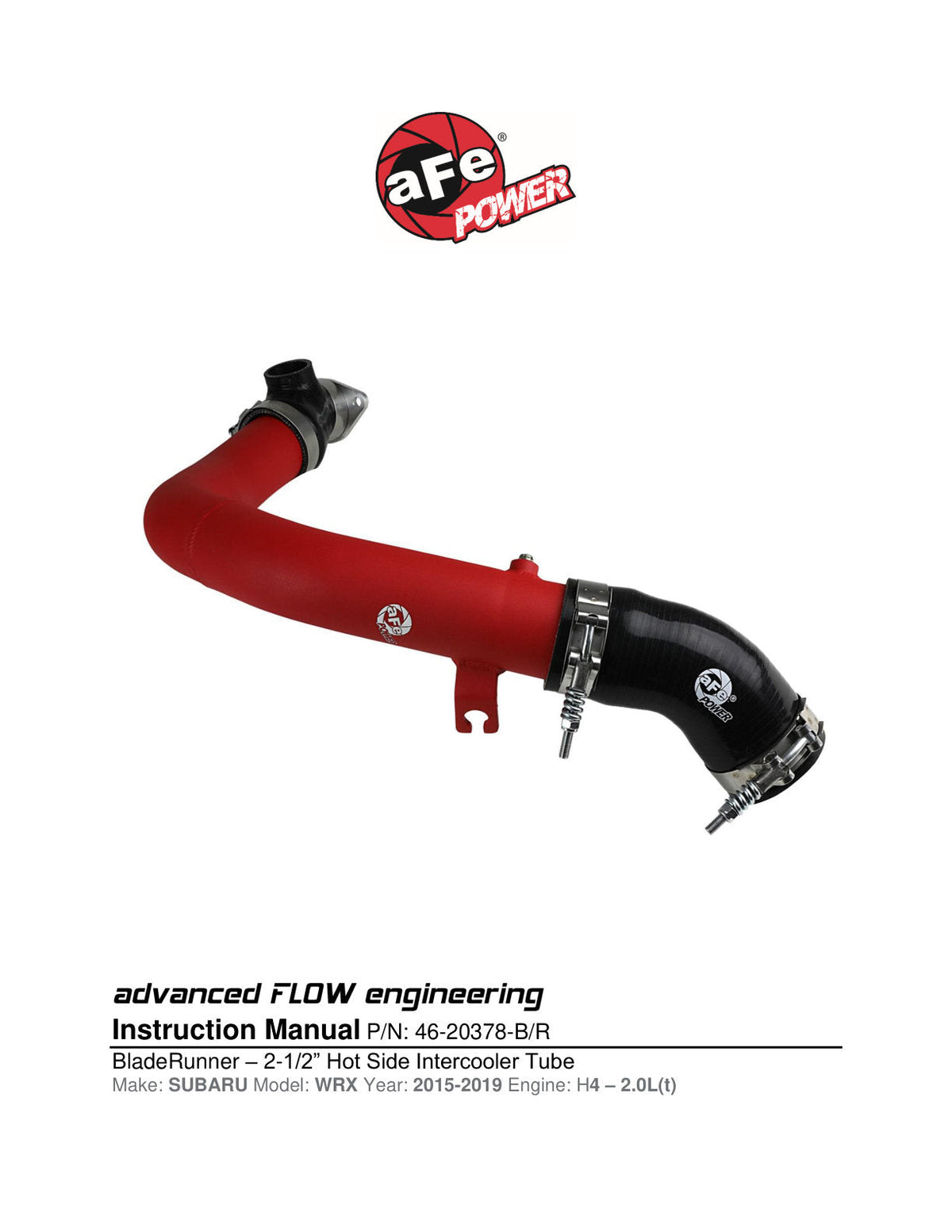 aFe BladeRunner 2.5in Aluminum Hot Side Charge Pipe 15-20 Subaru WRX 2.0T - Red