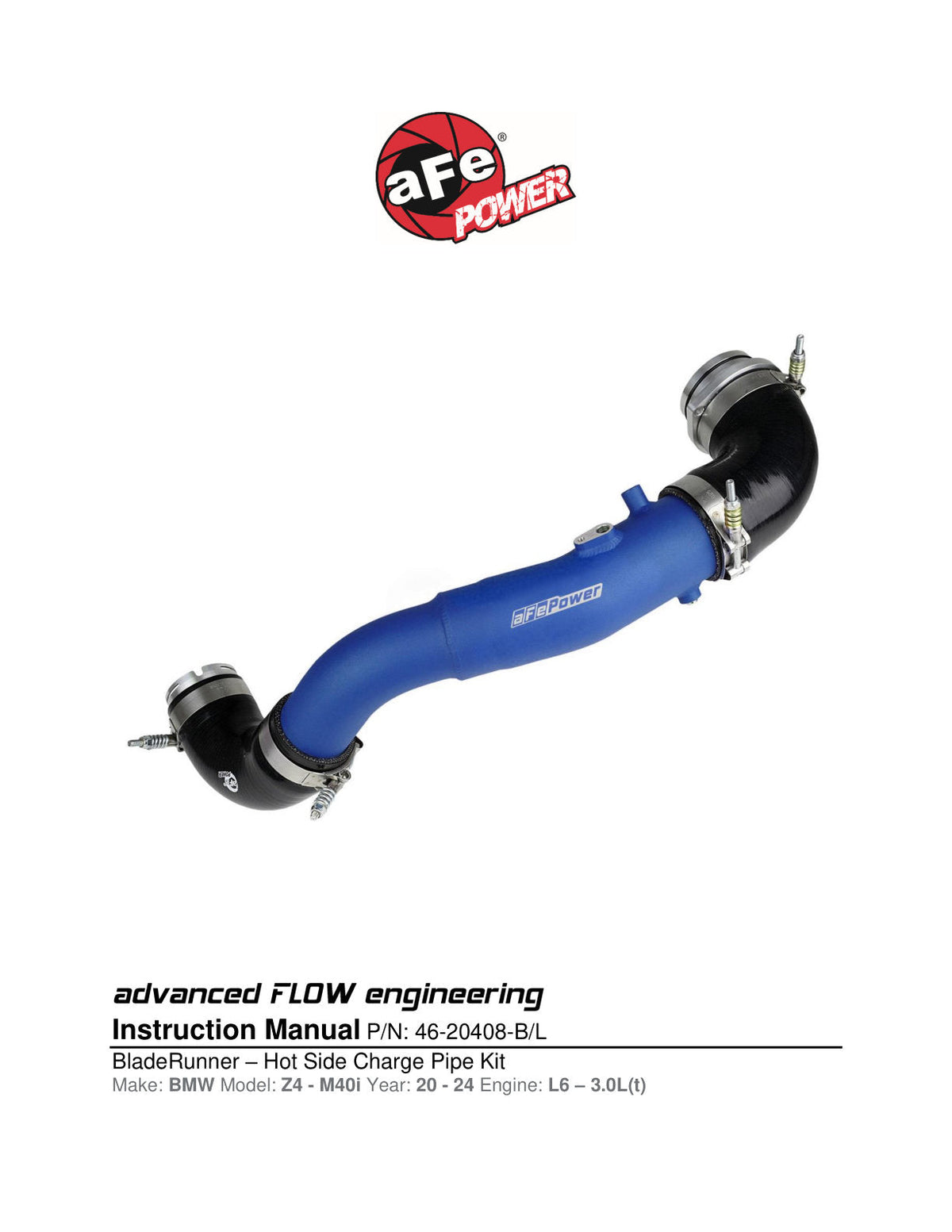 aFe BladeRunner 2.5-3in Hot Side Charge Pipe Black 20-21 BMW Z4 M40i (G29) L6-3.0L (t) B58