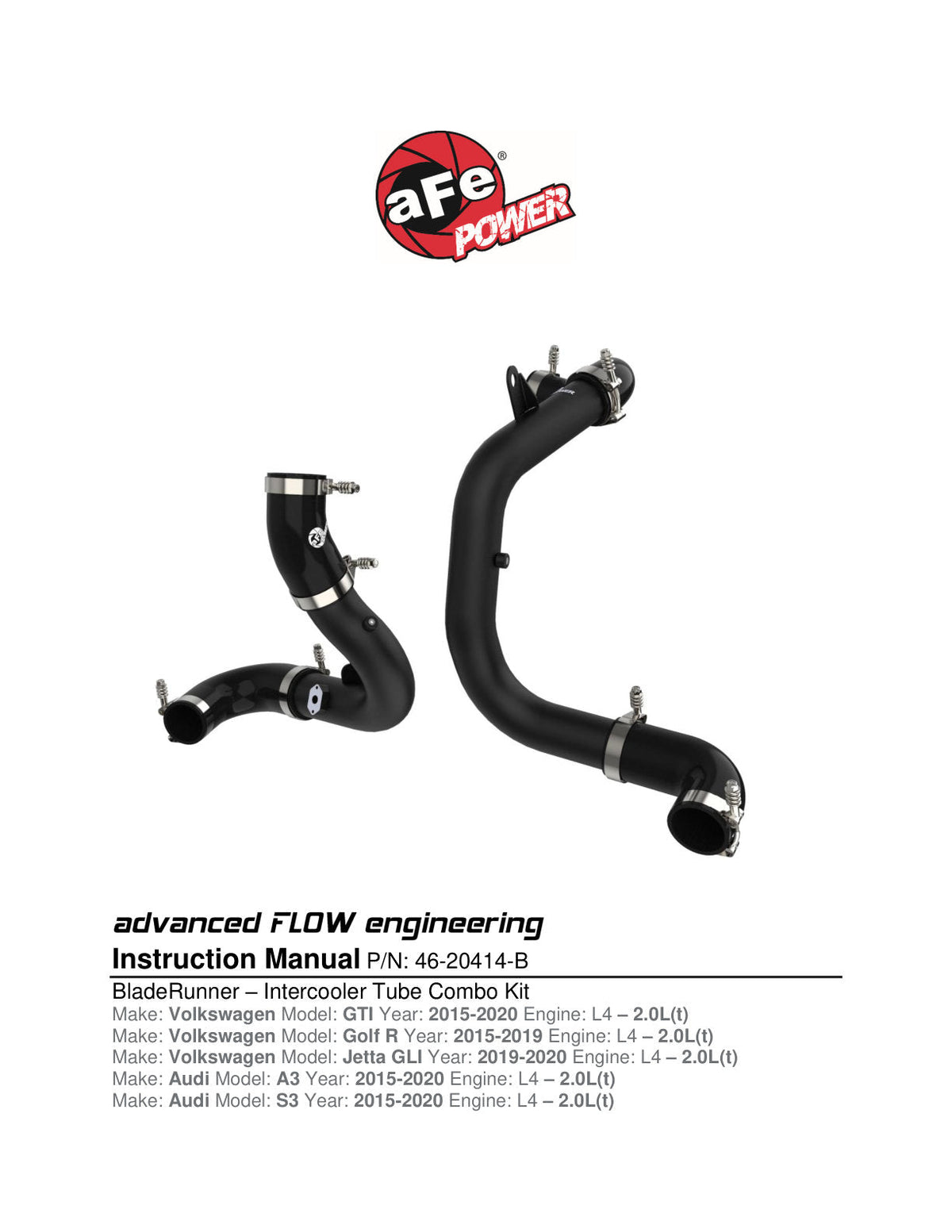 aFe BladeRunner 15-20 VW GTI (MKVII) L4-2.0L (t) Aluminum Hot and Cold Charge Pipe Kit Black