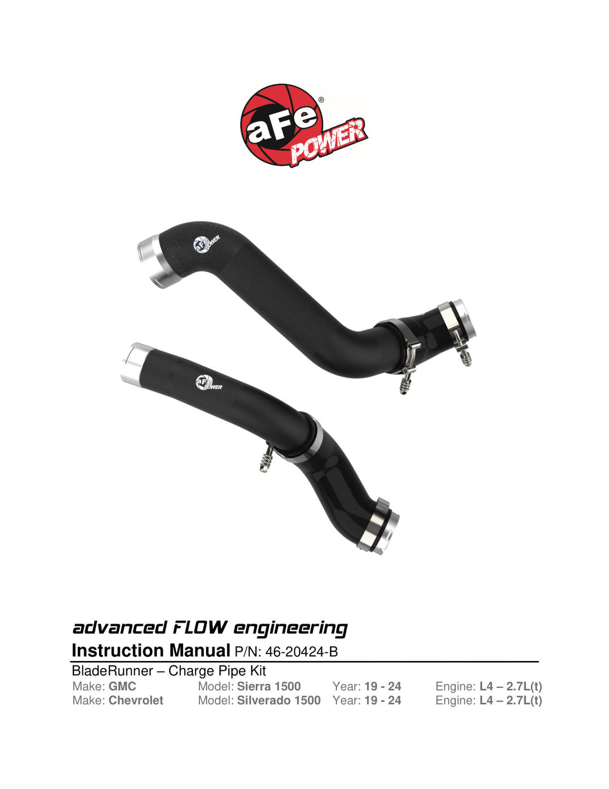 aFe BladeRunner Black Intercooler Hot & Cold Side Tubes Combo 19-20 GM Trucks 1500 L4-2.7L (t)