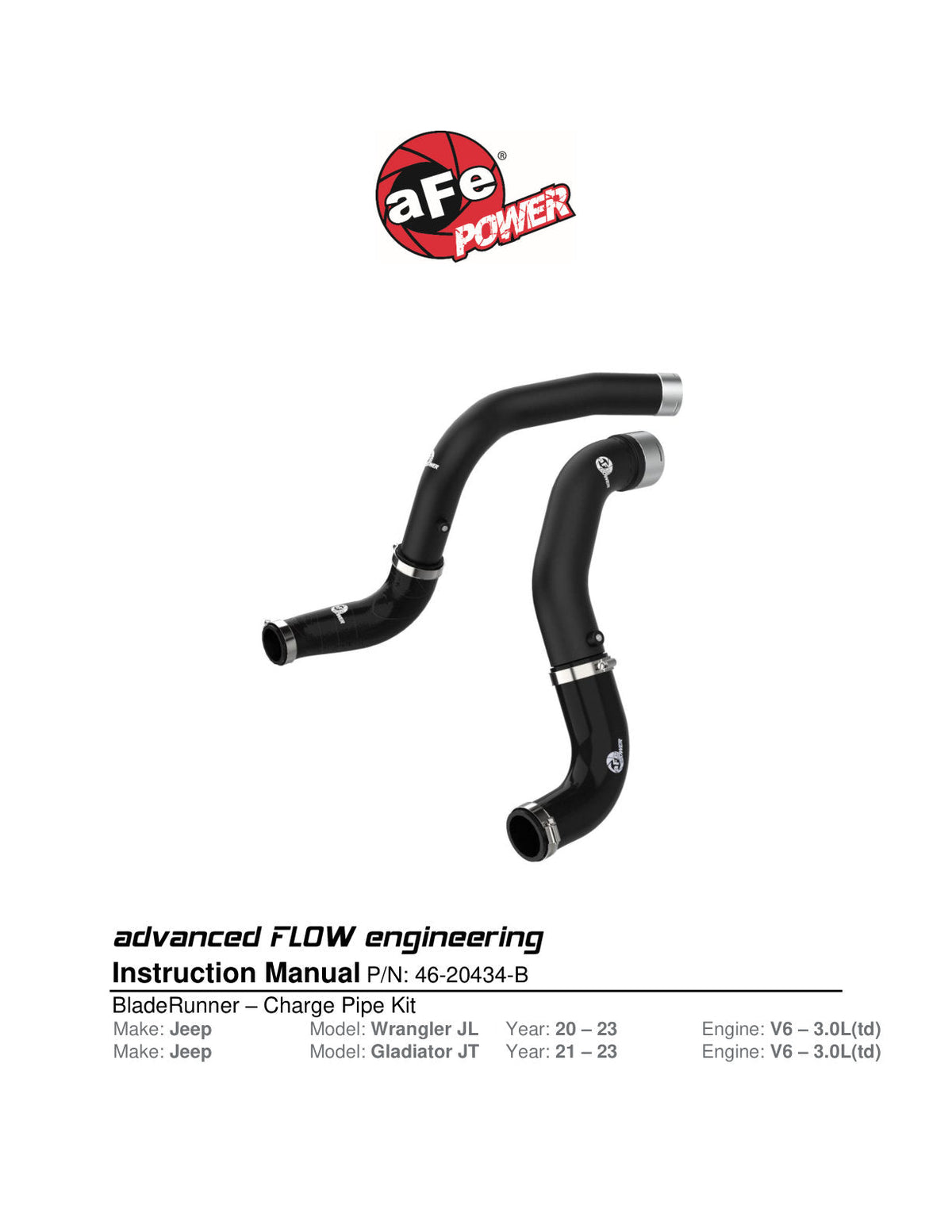 aFe BladeRunner Black 3in Intercooler Hot & Cold Side Pipe Kit 20-21 Jeep Wrangler V6-3.0L (td)