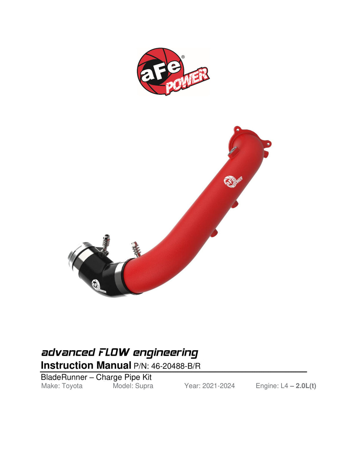 aFe BladeRunner Black 2-3/4in Aluminum Charge Pipe 2021 Toyota Supra GR (A90) I4-2.0L (t) B48