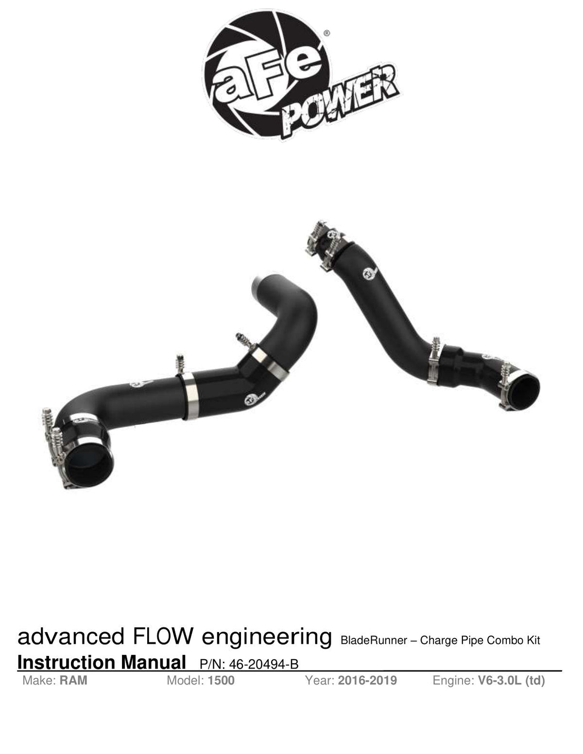 aFe 16-19 RAM 1500 V6 3.0L (TD) BladeRunner 3in Aluminum Hot & Cold Charge Pipe Kit - Black