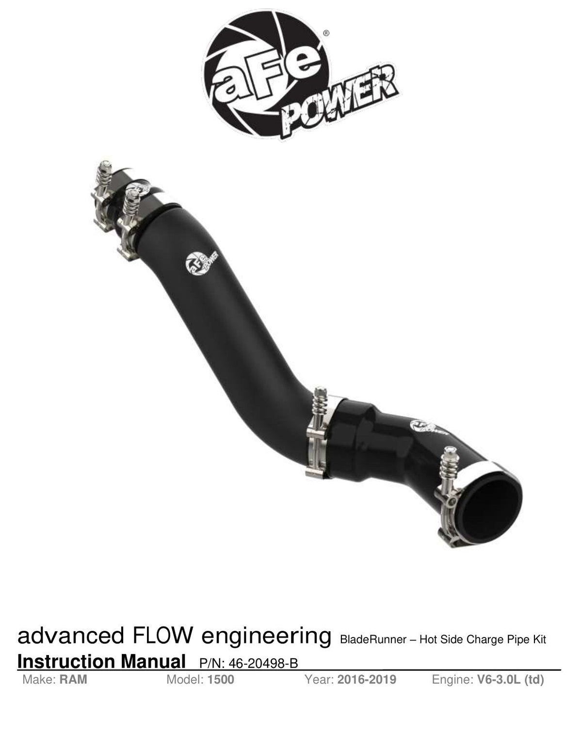 aFe 16-19 RAM 1500 V6 3.0L (TD) BladeRunner 3in Aluminum Hot Charge Pipe - Black