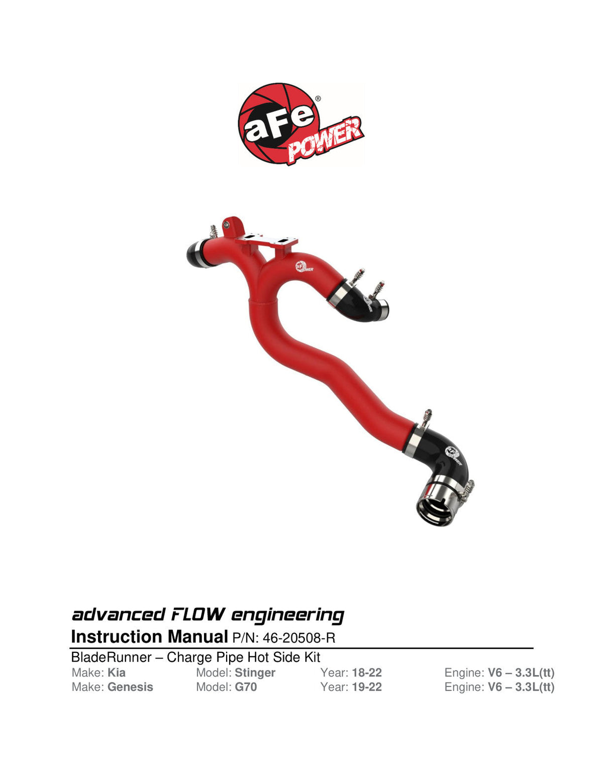 aFe 2018-2020 Kia Stinger 19-22 G70 BladeRunner 3in Aluminum Hot Charge Pipe Red