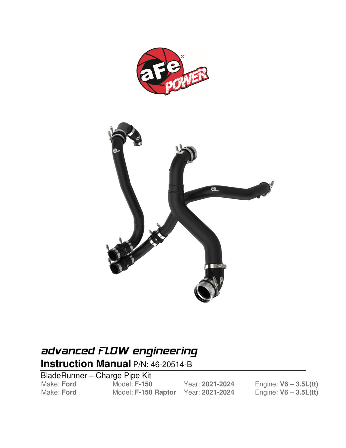 aFe BladeRunner 21-22 Ford F-150 Ecoboost V6-3.5L(tt) Aluminum Hot and Cold Charge Pipe Kit Black