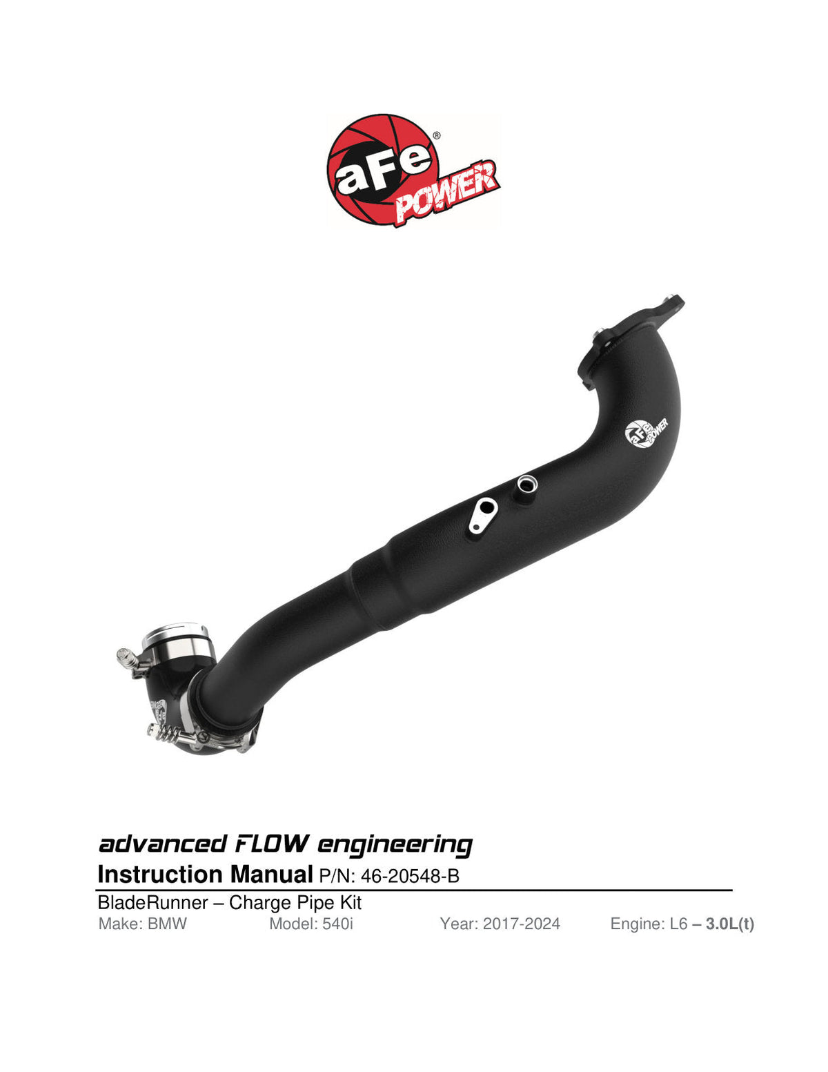 aFe 17-22 BMW 540i (G30/G31/G38) B58 L6 3.0L (t) BladeRunner 3in Aluminum Hot Charge Pipe - Black