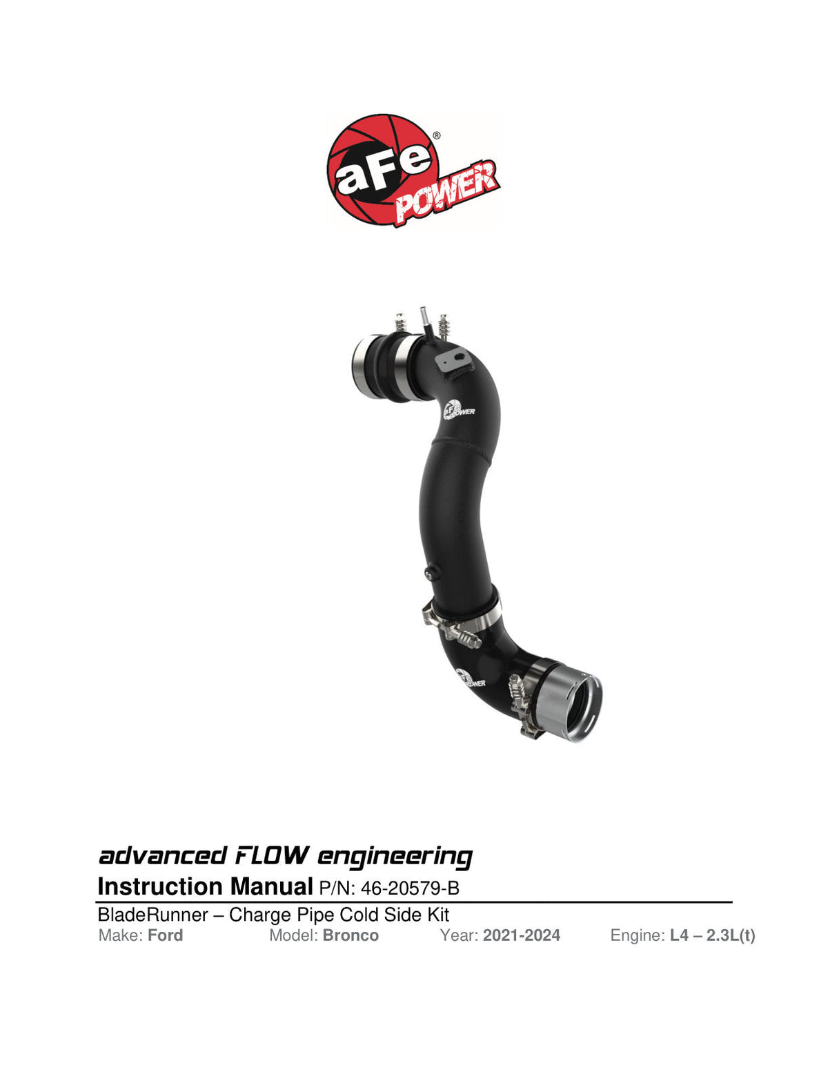 aFe Power 21-22 Ford Bronco L4-2.3L (t) BladeRunner 3in Aluminum Cold Charge Pipe Black