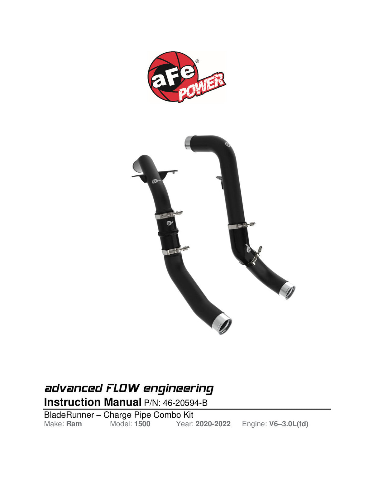 aFe RAM 1500 20-22 V6-3.0L (td) BladeRunner 2-1/2 in & 3in Aluminum Hot & Cold Charge Pipe Kit Black