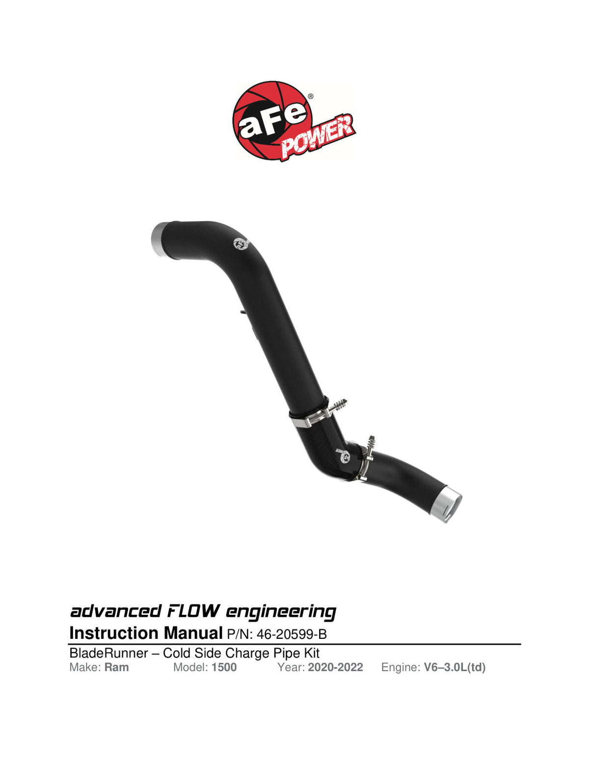 aFe RAM 1500 20-22 V6-3.0L (td) BladeRunner 3 IN Aluminum Cold Charge Pipe Black