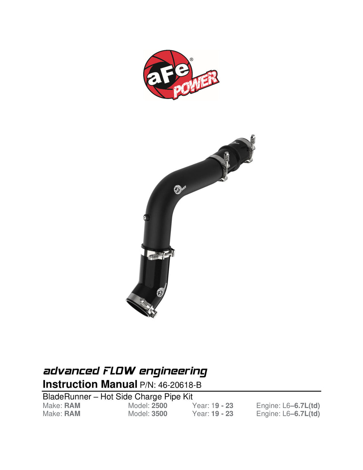aFe 19-23 RAM Diesel L6-6.7L BladeRunner 3.5 IN Aluminum Hot Charge Pipe - Black