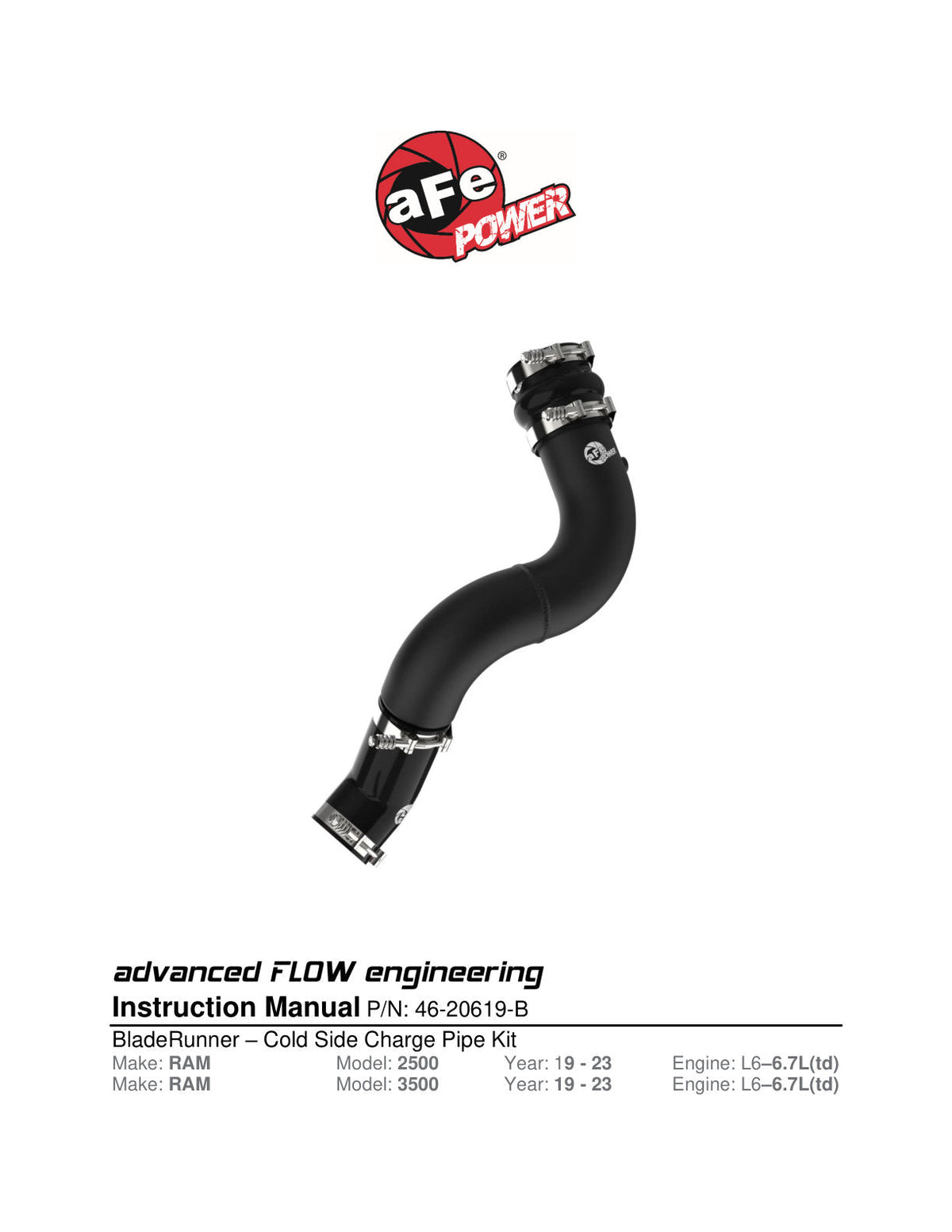 aFe 19-23 RAM Diesel L6-6.7L BladeRunner 3.5 IN Aluminum Cold Charge Pipe - Black
