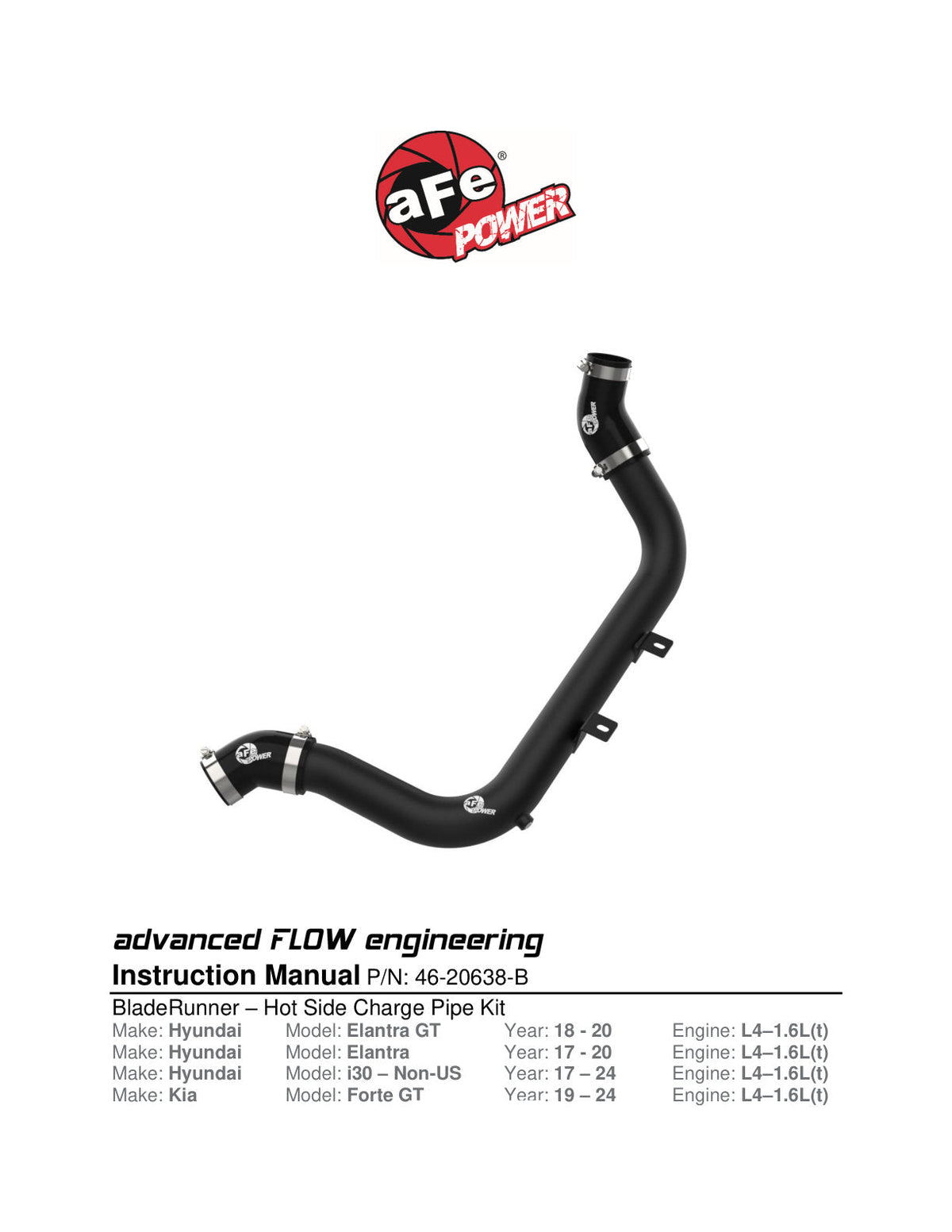 aFe BladeRunner 2-1/4 IN Aluminum Hot Charge Pipe Black 17-20 Hyundai Elantra GT L4-1.6L (t)