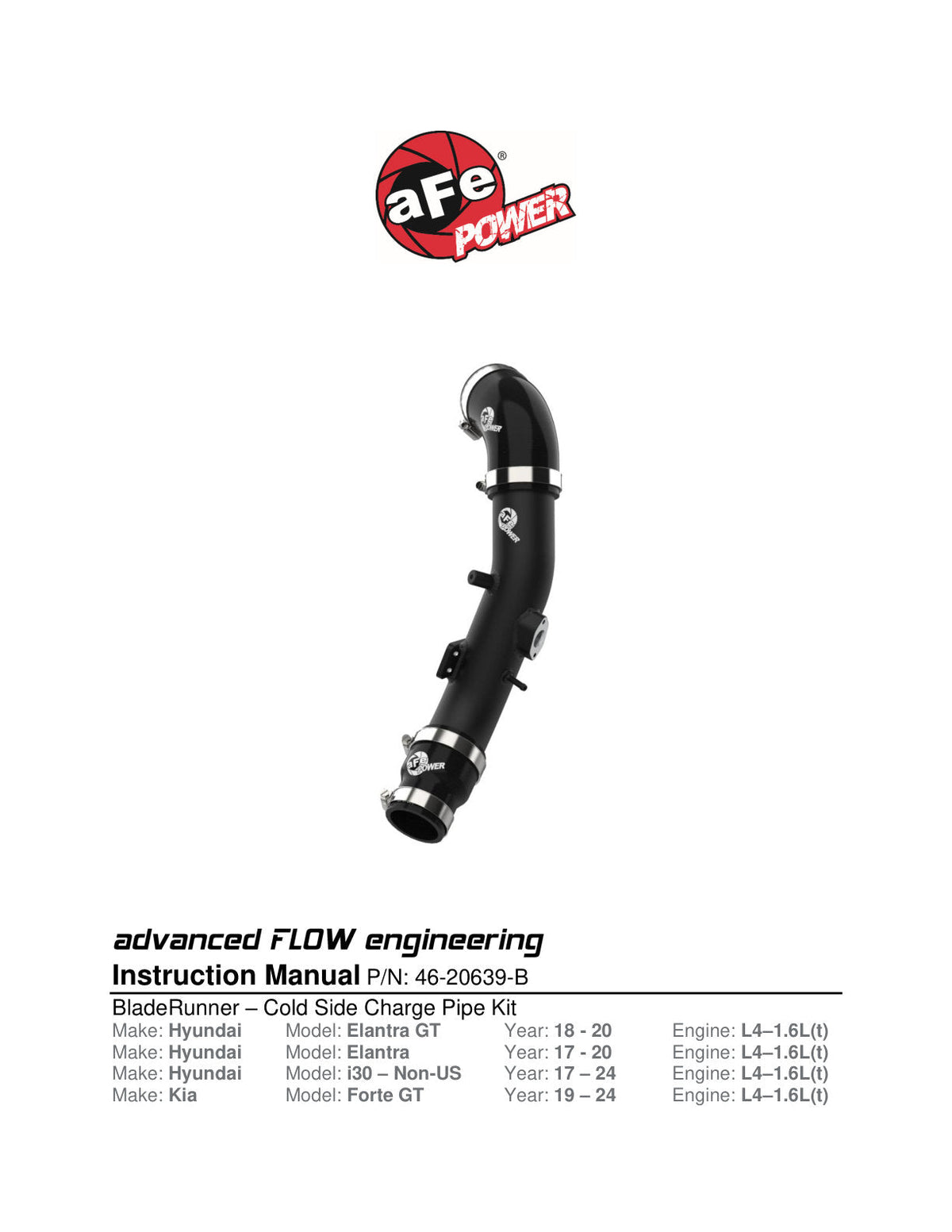 aFe BladeRunner 2-1/2 IN Aluminum Cold Charge Pipe Black 17-20 Hyundai Elantra GT L4-1.6L (t)