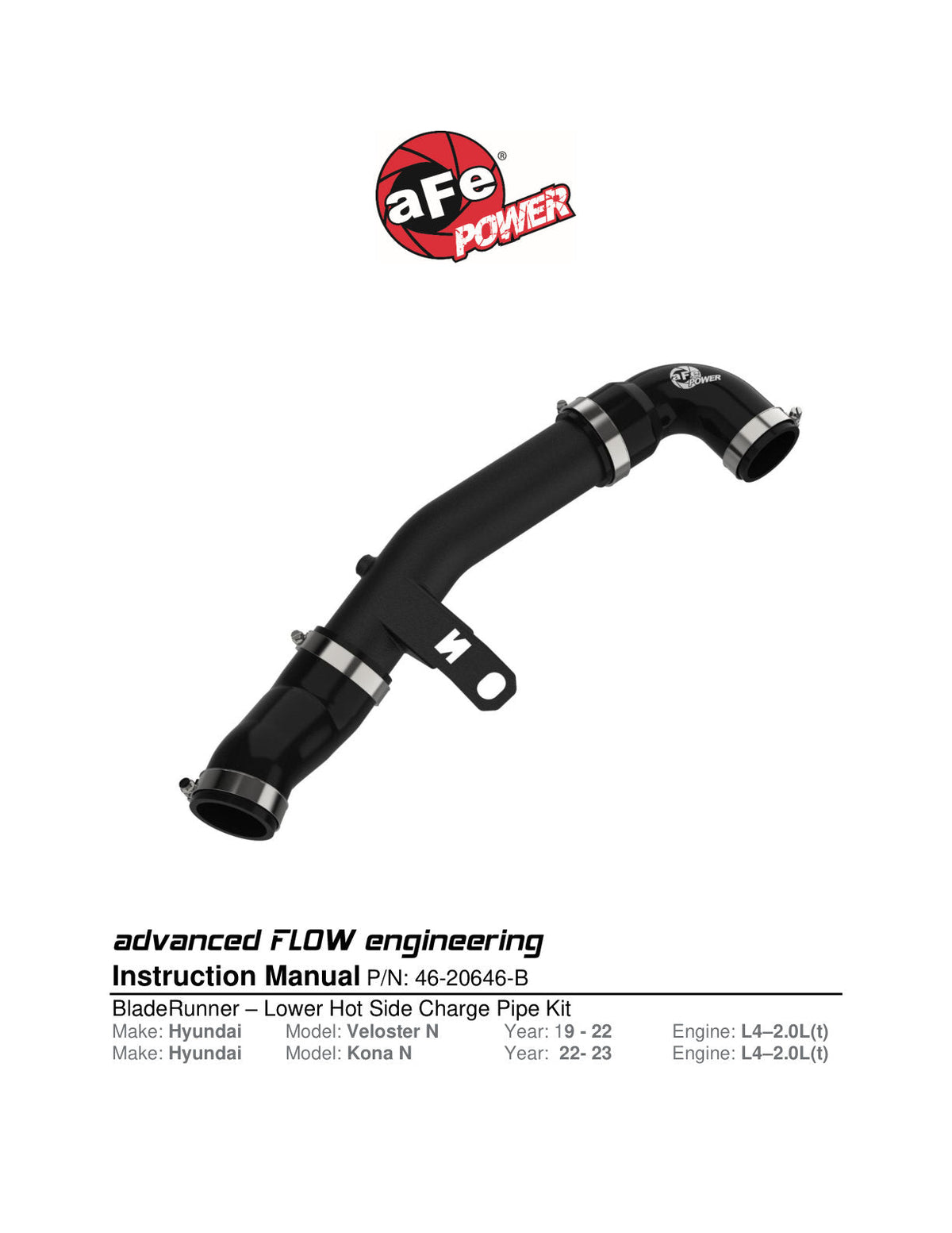 aFe 19-22 Hyundai Veloster N L4 2.0L (t) BladeRunner 2-1/2in Aluminum Hot Charge Pipe - Black