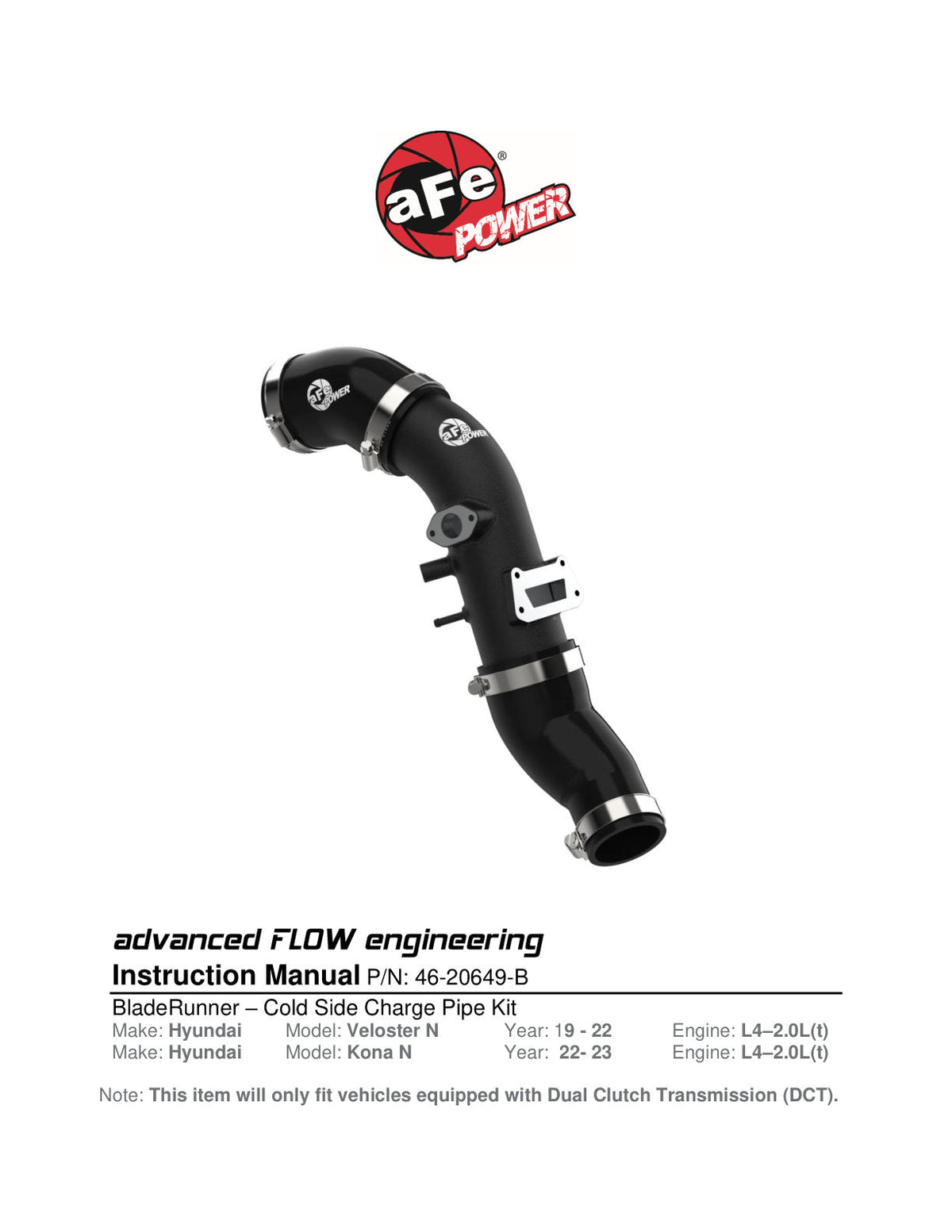 aFe 19-22 Hyundai Veloster N L4 2.0L (t) BladeRunner 2-3/4in Aluminum Cold Charge Pipe - Black