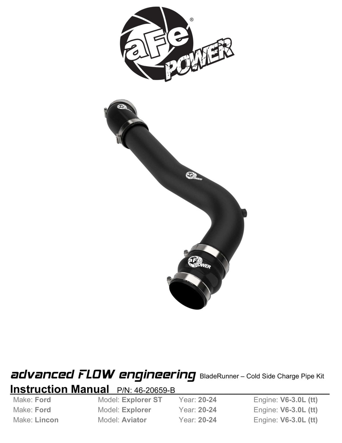 aFe 20-23 Ford Explorer ST V6 3.0L (tt) BladeRunner 2-3/4in Aluminum Cold Charge Pipe - Black