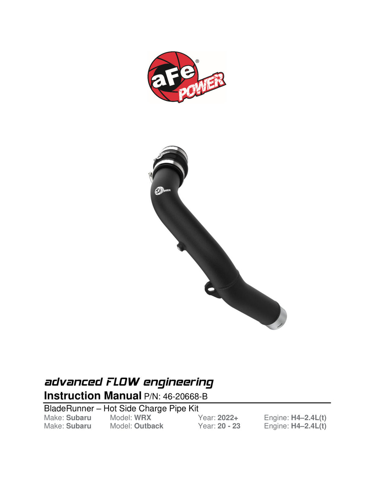 aFe BladeRunner 2-1/2 IN Aluminum Hot Charge Pipe Black 22-23 Subaru WRX H4-2.4L (t)